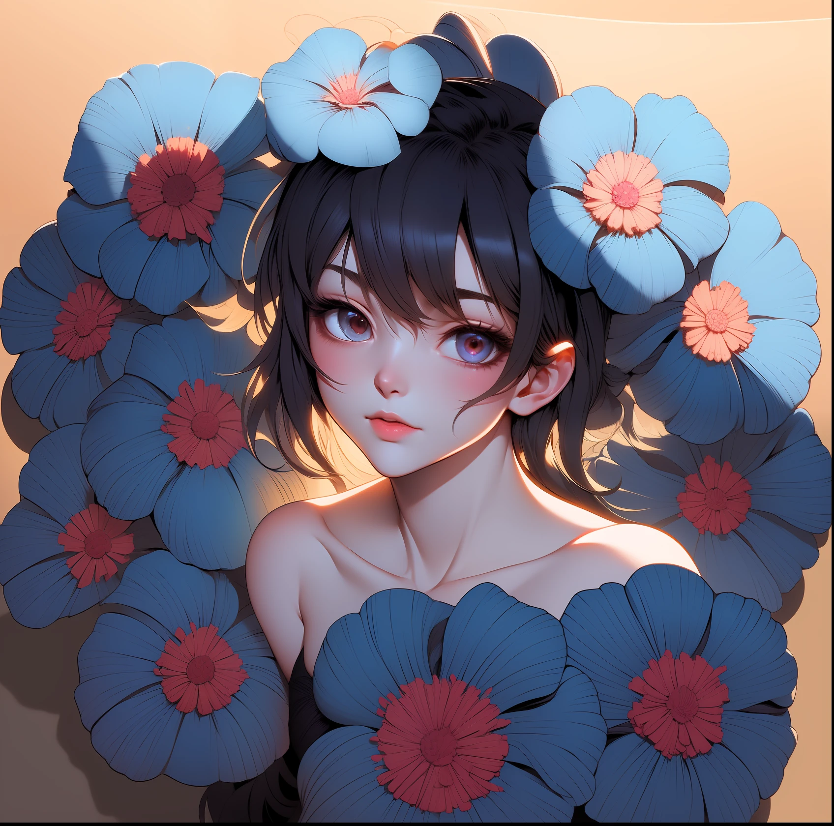 anime girl with flowers in her hair and a blue dress, ink manga drawing, pencil and ink manga drawing, pencil and ink manga, extremely fine ink lineart, flat anime style shading, anime shading, manga art style, detailed manga style, anime shading), colored sketch anime manga panel, anime style portrait, manga drawing, a manga drawing, intricate manga drawing,masterpiece, best quality, (extremely detailed CG unity 8k wallpaper), (best quality), (best illustration), (best shadow), absurdres, realistic lighting, (Abyss), beautiful detailed glow