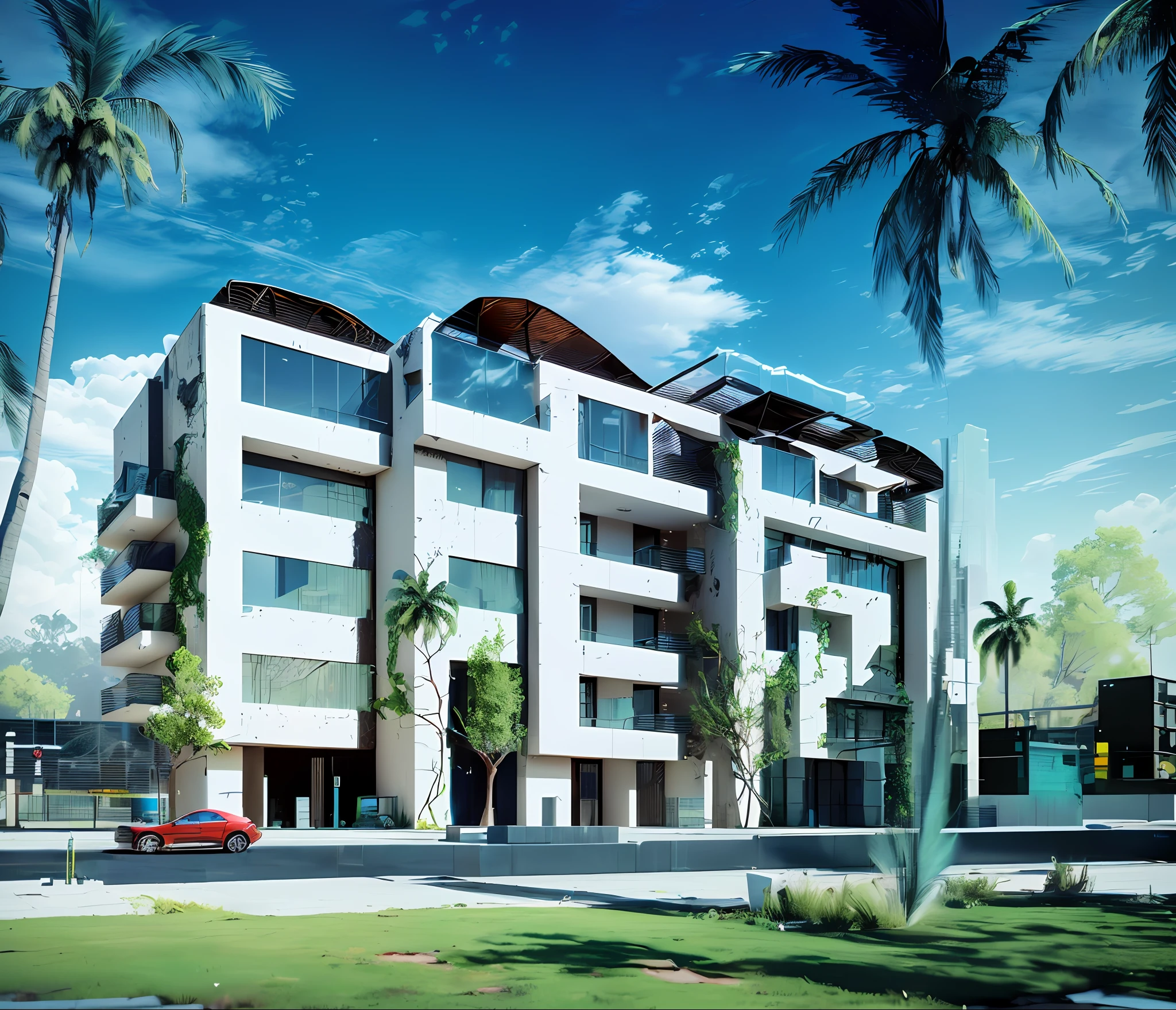 3D model HD rendering, building rendering, right Angle isometric view, 45 degree angle, (greybackground), High detail, film, globalillumination, reality lighting, Unreal Engine rendering, Substance 3D, Octane rendering, (hdr:1.3), cyber punk style，Postmodern architectural style