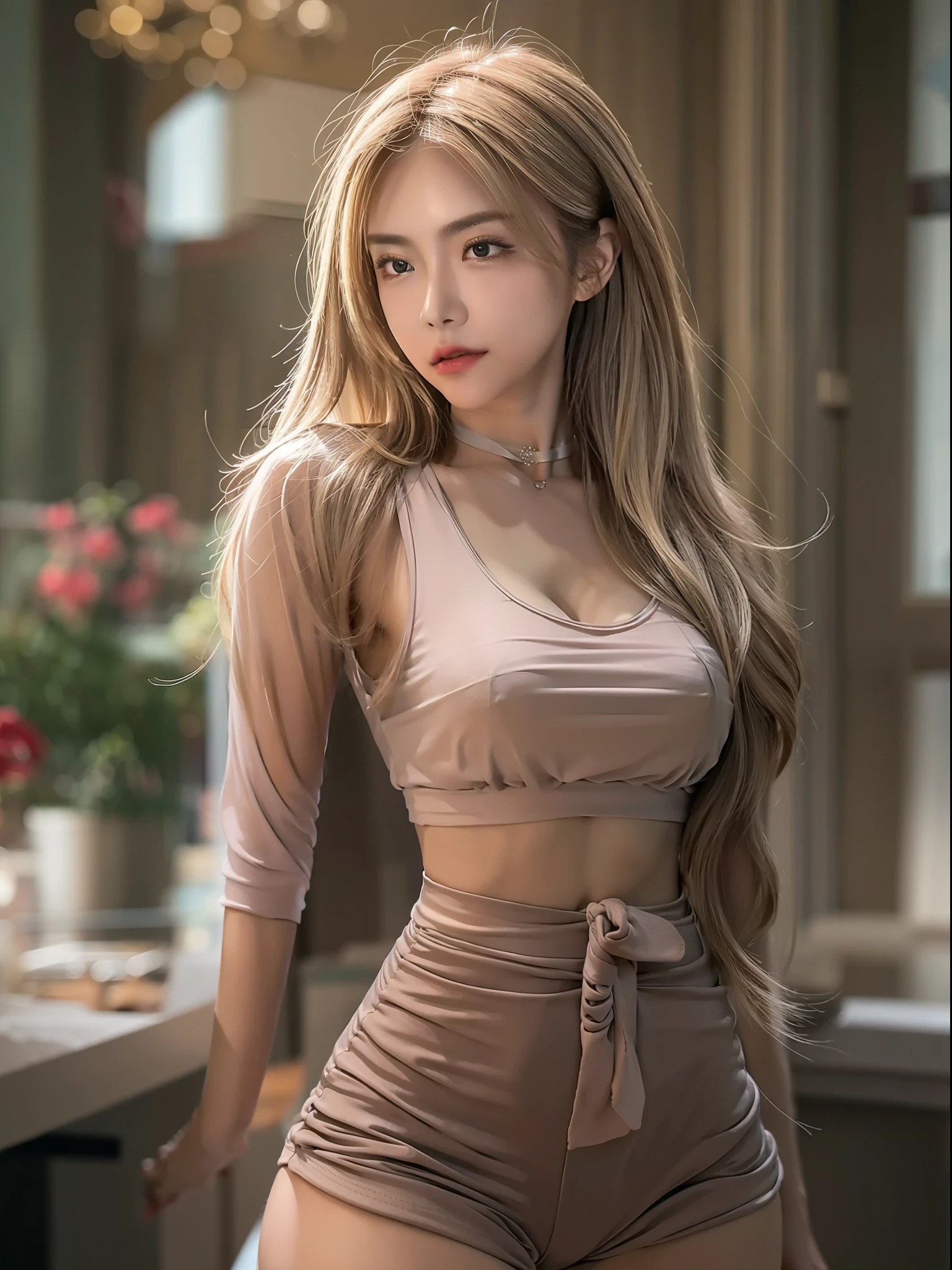 A perfect masterpiece，realisticlying，8K，超高分辨率，Perfect image，Perfect detailing，Very detailed facial details，detailed hairs，Textured skin，Perfect light，Perfect halo，perfect shadow。 （Look ahead）The character is a girl in her twenties，lovely and delicate，with dynamism，The upper body is wearing an open-crop suspender，The lower body is wearing super shorts（Show off your sexy hot body），Hair to shoulders and neck position，There are bangs in front of the forehead，A pair of beautiful Danfeng eyes，Tall and delicate nose，Soft lips，s the perfect face，bangle，choker necklace，Large breasts，Naturally hangs down，busty figure，Big breasts Thin waist。Wide hips，Perfect body proportion，Natural head-to-body ratios，Sexy groin（Rich in detail），Very consistent with human anatomy，anatomy correct。 Cloakroom in the mall，standing on your feet，Beautiful and moving。 full body shot of，Full body photo，depth of fields，dyna，perfect shot，Be realistic，hentail realism。