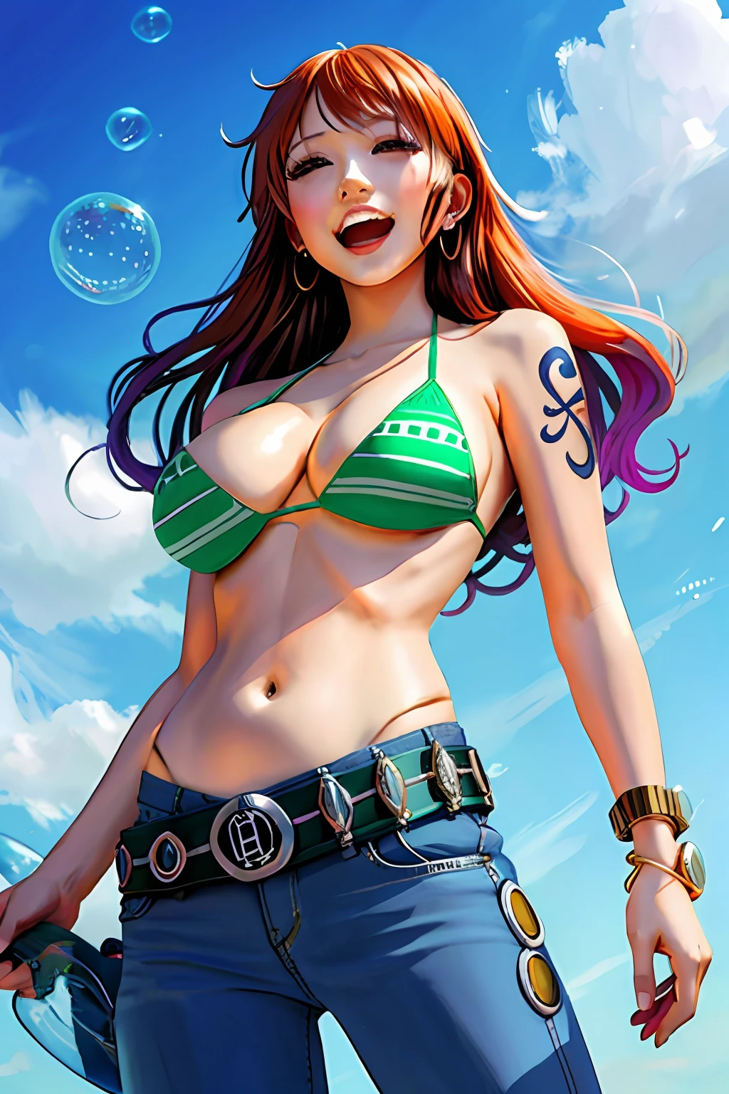 detailed background, masterpiece, best quality, 1girl, solo, nami \(one piece\), 1girl, bangle, bangs, bare shoulders, belt, bikini, bikini top only, blue sky, bracelet, breasts, brown eyes, bubble, cleavage, cloud, cowboy shot, day, denim, earrings, floating hair, green belt, green bikini, groin, jeans, jewelry, large breasts, log pose, long hair, looking at viewer, navel, orange hair, pants, shoulder tattoo, sidelocks, sky, smile, solo, standing, stomach, swimsuit, tattoo , looking at viewer, (ahegao:1.5)