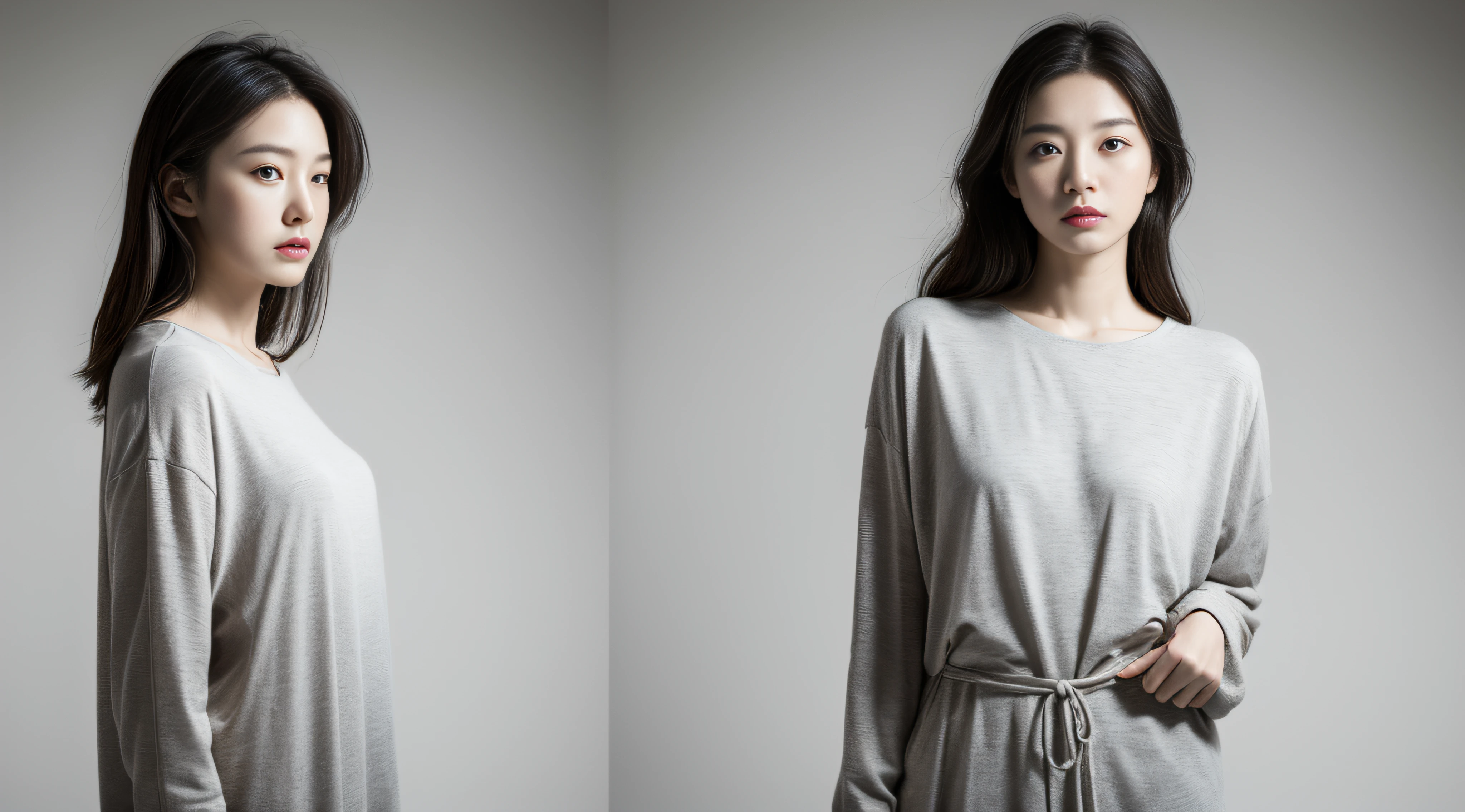 realisitic、masuter piece、Beautiful Korean Model Woman,studio shoot、Standing Pose、Emotion Lighting、emotive、Shade lighting