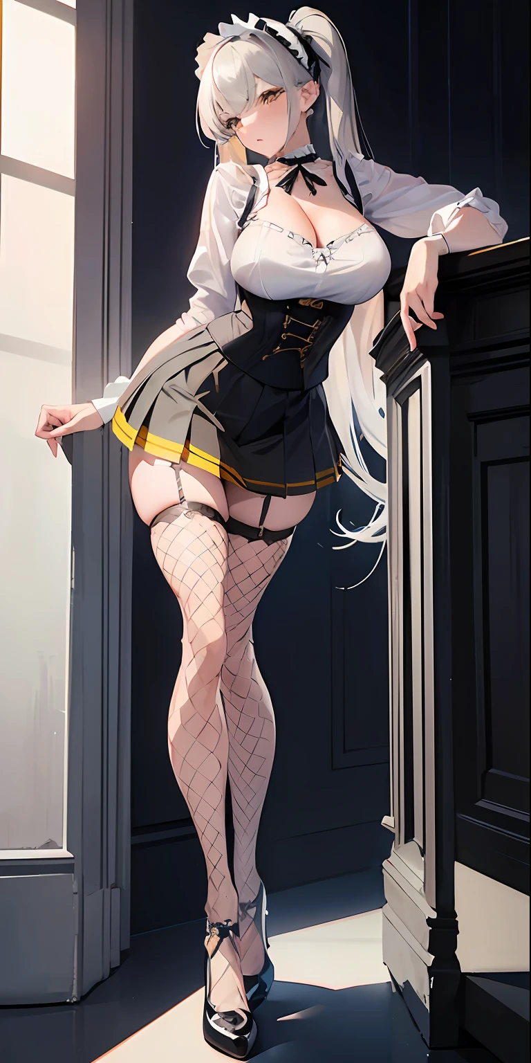 (masterpiece), best quality, perfect face, 1girl, mature woman, leaning forward, long grey hair, large breasts, hanging breasts, cleavage, narrow waist, ta, ((ultra short skirt:1.2)), choker, transparent shirt, yellow skirt, full body, white high heels, garters, ((fishnet stockings:1.2)),long and slender legs, beautiful legs,erotic