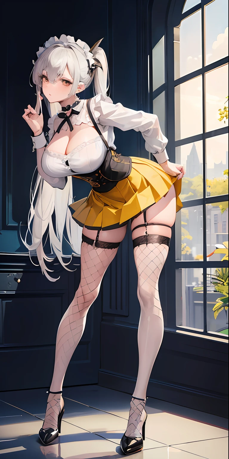 (masterpiece), best quality, perfect face, 1girl, mature woman, leaning forward, long grey hair, large breasts, hanging breasts, cleavage, narrow waist, ta, ((ultra short skirt:1.2)), choker, transparent shirt, yellow skirt, full body, white high heels, garters, ((fishnet stockings:1.2)),long and slender legs, beautiful legs,erotic