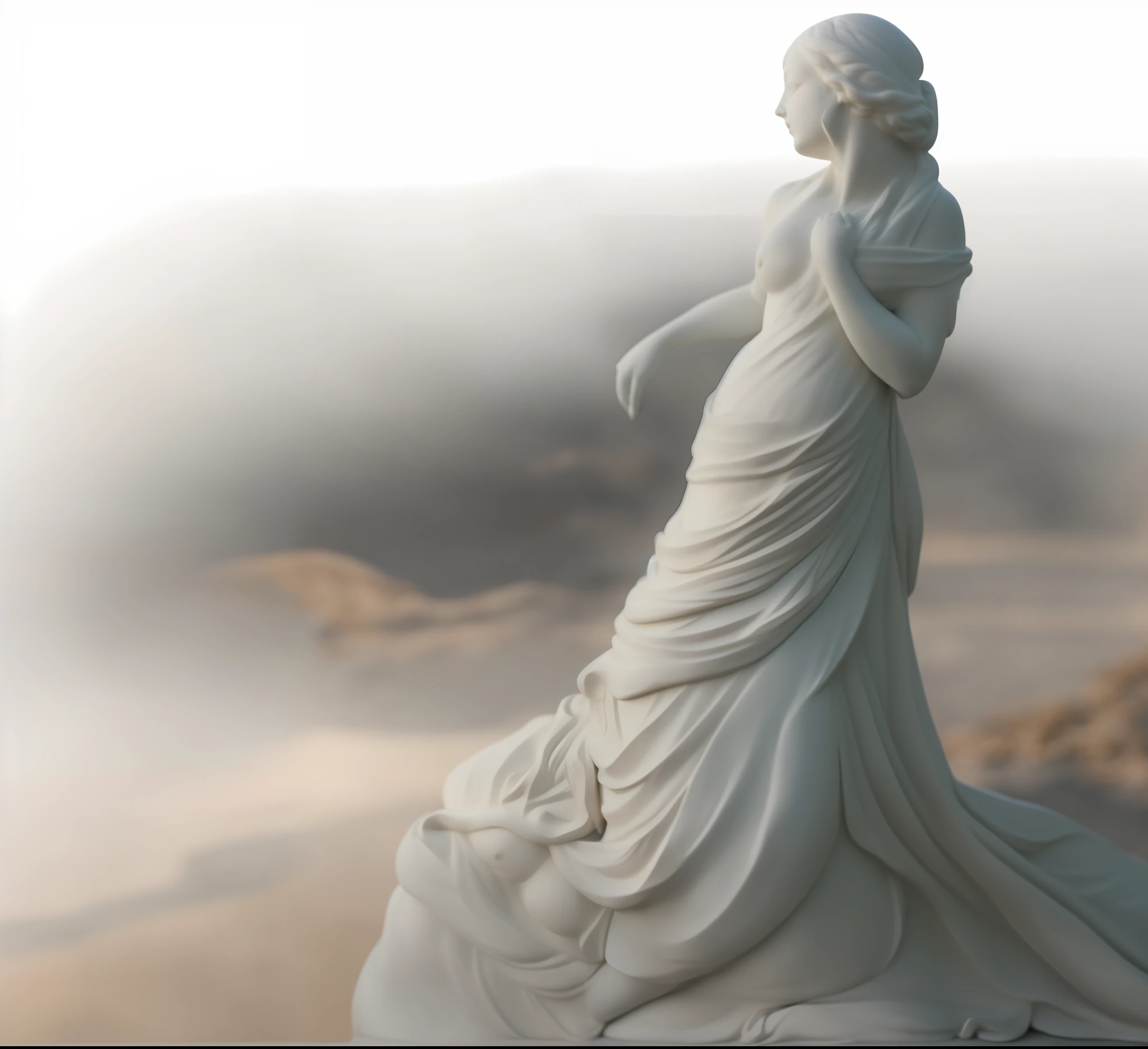 "Majestic female statue, delicada e perfeita, em um jardim exuberante e sereno."