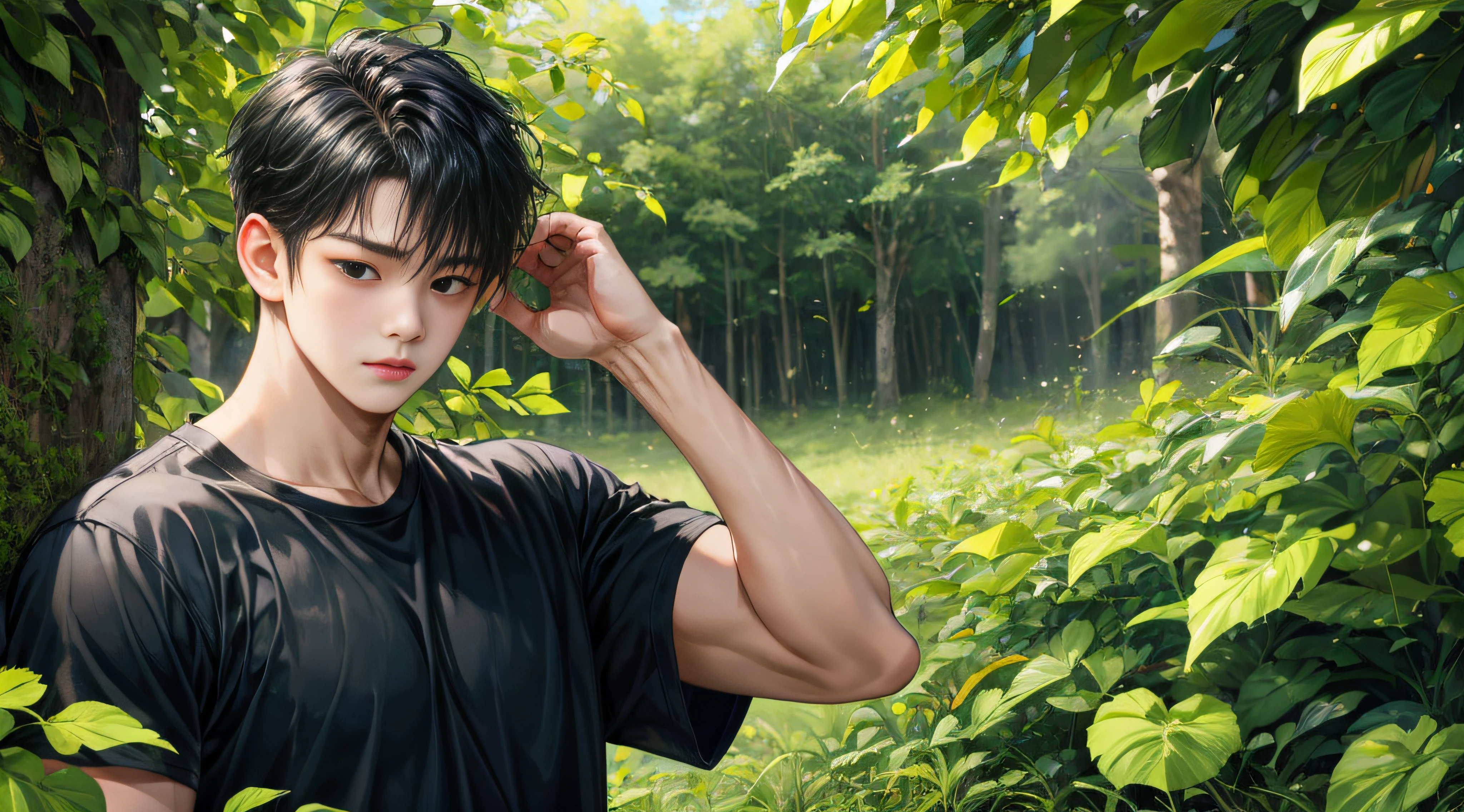 Masterpiece, 1 boy, Robust,white short sleeve， Shy, face round, Black eyes，largeeyes，Stand among the green leaves