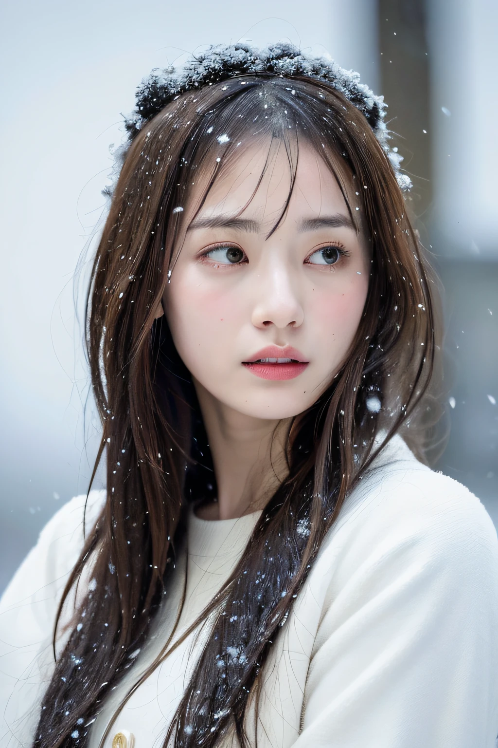 (8k, best quality, masterpiece, ultra highres:1.2) Photo of Pretty Japanese woman
 in the (style of paul rubens and rebecca guay:1.1) (melancholy winter snow:1.4)