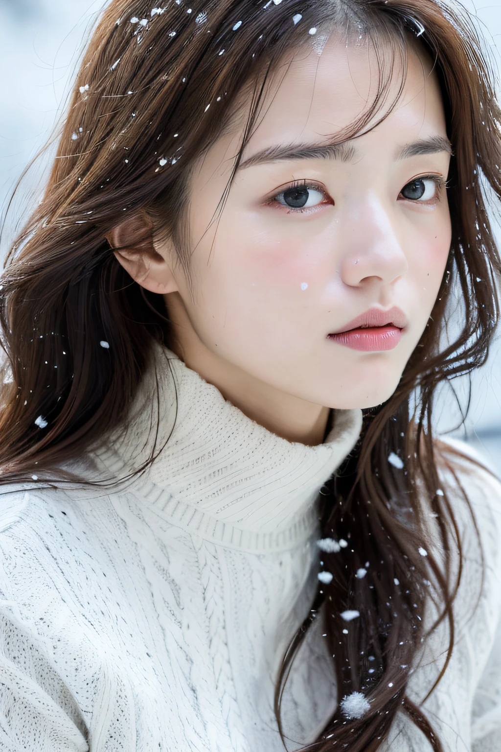 (8k, best quality, masterpiece, ultra highres:1.2) Photo of Pretty Japanese woman
 in the (style of paul rubens and rebecca guay:1.1) (melancholy winter snow:1.4)