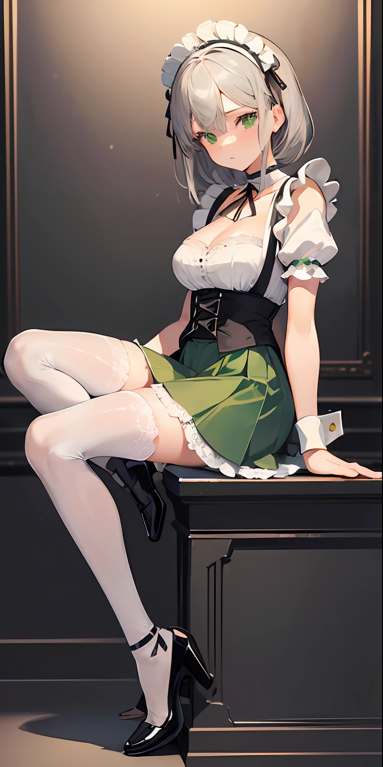 (masterpiece), best quality, perfect face, 1girl, mature woman, leaning forward, long grey hair, large breasts, hanging breasts, cleavage, narrow waist, lolita, maid, ((ultra short skirt:1.2)), choker, very small shirt, green skirt, full body, white high heels, garters, lace stockings,long and slender legs, beautiful legs,erotic