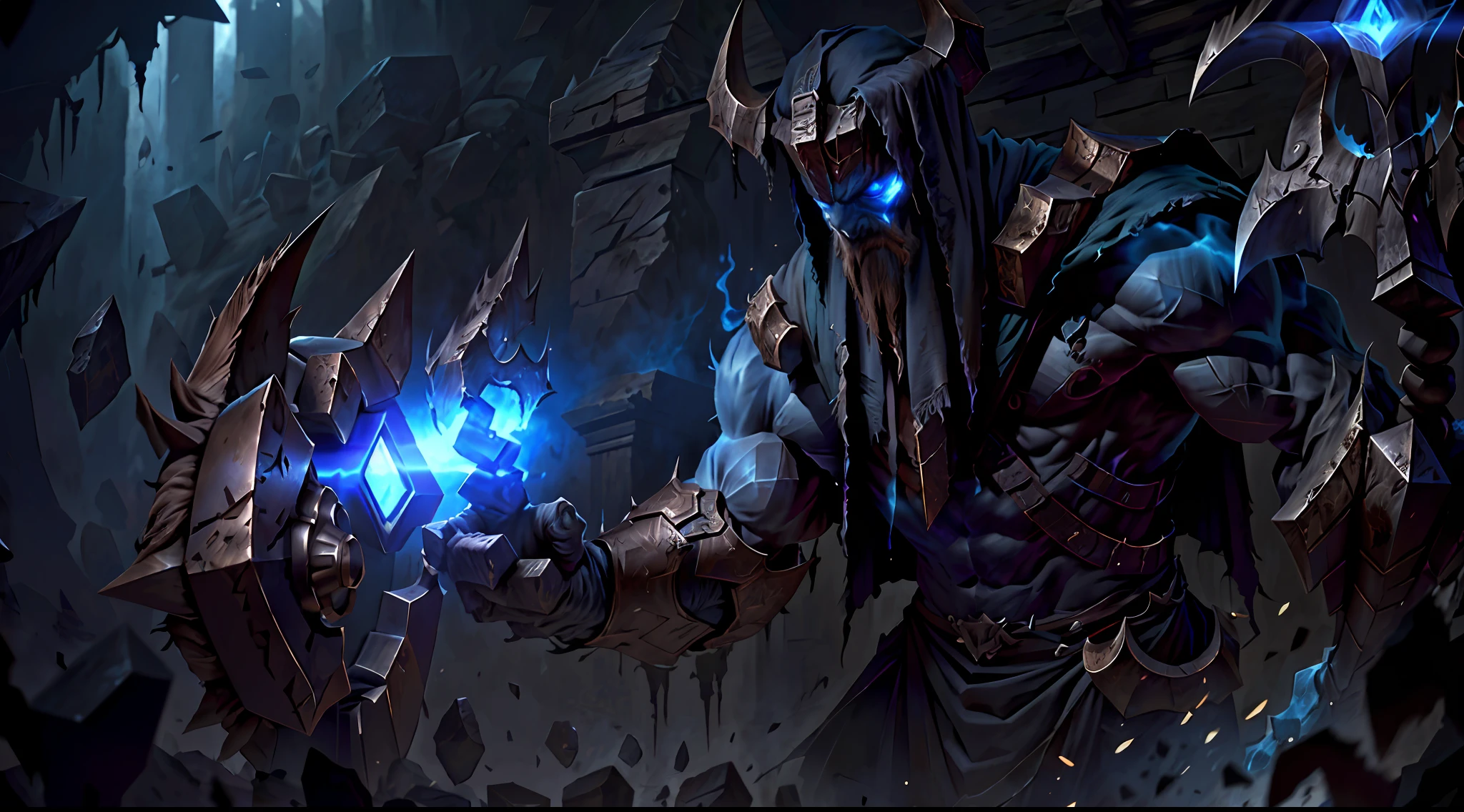 Yorick stands tall and imposing, his figure draped in tattered black and brown robes that are dusty and stained from his grim work. His body is heavily cloaked, leaving most of his form obscured, giving him an eerie and mysterious air. Beneath the robes, you can catch glimpses of his bony hands and skeletal feet, signifying his connection to the undead.
His face is hidden behind a decrepit, iron-laden shovel-shaped mask that covers his entire head. The mask is adorned with various spikes and chains, giving it a menacing and ominous touch. Two glowing blue eyes peer out from behind the eye slits, symbolizing the ethereal and otherworldly essence of the undead that he commands.
Yorick carries a large, ancient shovel made of tarnished iron, worn from centuries of digging graves and raising the dead. The shovel has a jagged edge, adding to its menacing and imposing appearance. Attached to his back is a grimy, weathered tombstone, bearing ominous markings and symbols that represent his connection to the spirit world.
The overall color scheme of Yorick's appearance is dominated by deep and muted tones. His robes are primarily dark brown and black, showcasing his affiliation with death and decay. The metal parts of his mask, shovel, and tombstone are dulled and rusted, portraying the passage of time and the age of his macabre tools.
As Yorick moves, ghostly particles and dark wisps trail behind him, further emphasizing his connection to the realm of spirits and death. These spectral effects are tinged with a faint blue glow, accentuating the mysterious and supernatural nature of his powers.
In conclusion, Yorick, the Gravedigger, is a fearsome and enigmatic figure in League of Legends, dressed in tattered black and brown robes, and shrouded in an iron-laden shovel-shaped mask. With glowing blue eyes and skeletal extremities, he carries a weathered tombstone and a jagged shovel, embodying the eerie and foreboding essence of death itself.
