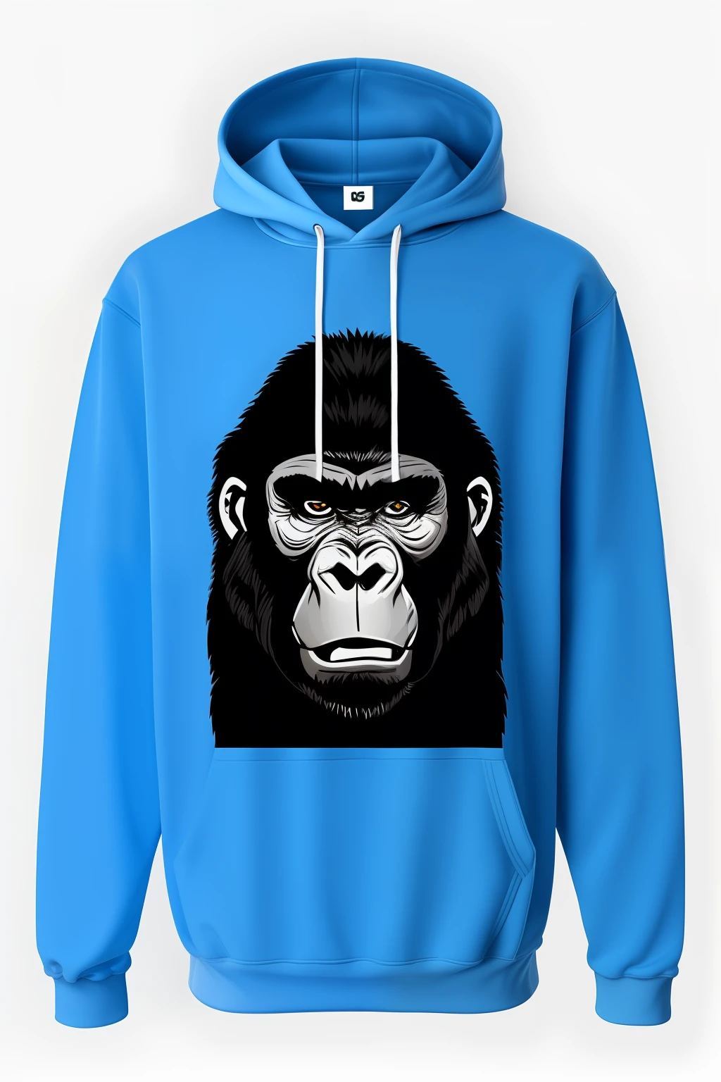 An angry gorilla in a blue sweatshirt