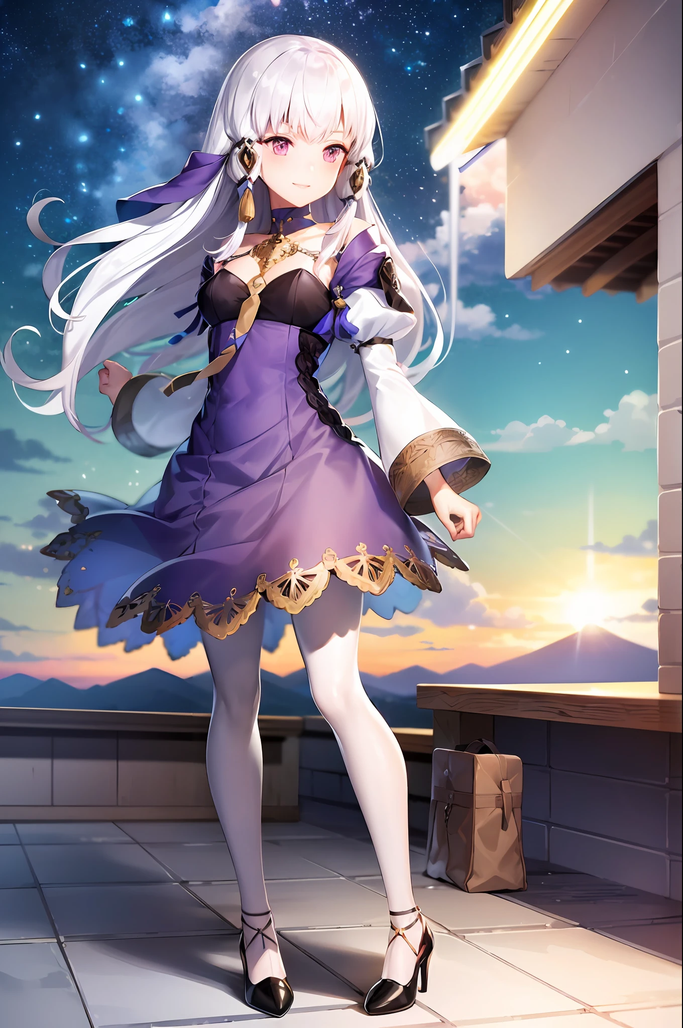 (extremely detailed CG unity 8k wallpaper), (best quality), (ultra-detailed), 1girl, lysitheafe, school, sun, sky,hair ornament, long sleeves, purple dress, white pantyhose, acessories, heels, standing, smiling,