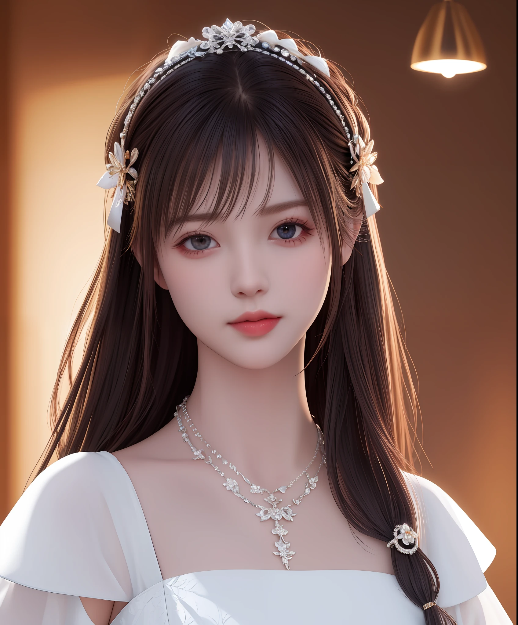 Best quality, masterpiece, high resolution, 1girl, porcelain dress, hair accessories, necklace, jewelry, beautiful face, on the body, Tyndall effect, realistic, dark studio, edge lighting, two-tone lighting, (high detail skin: 1.2), 8k UHD, dslr, soft light, high quality, volumetric light, candid, photo, high resolution, 4k, 8k, background blur,