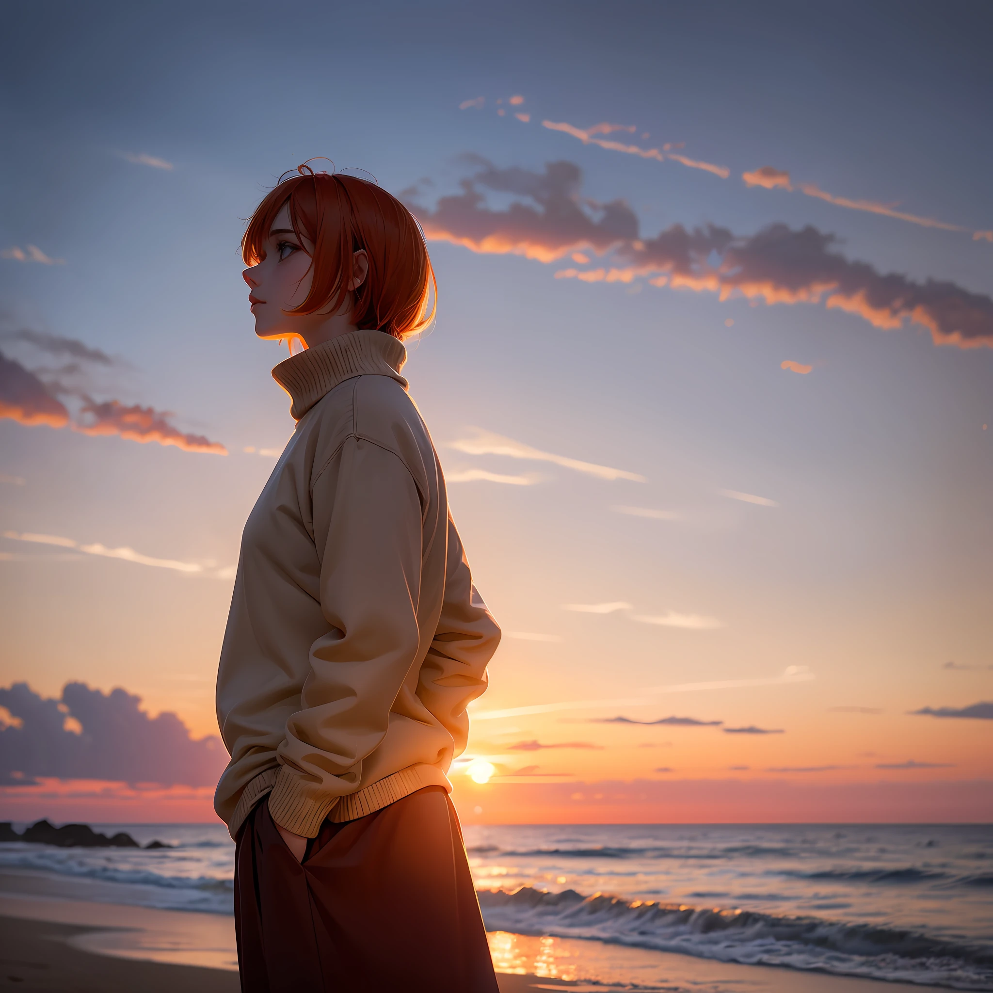 Kizi,orange color hair,blue color eyes,gentleness,Back Shadow,Beige turtleneck sweater,Turn Back,Sunset background --auto