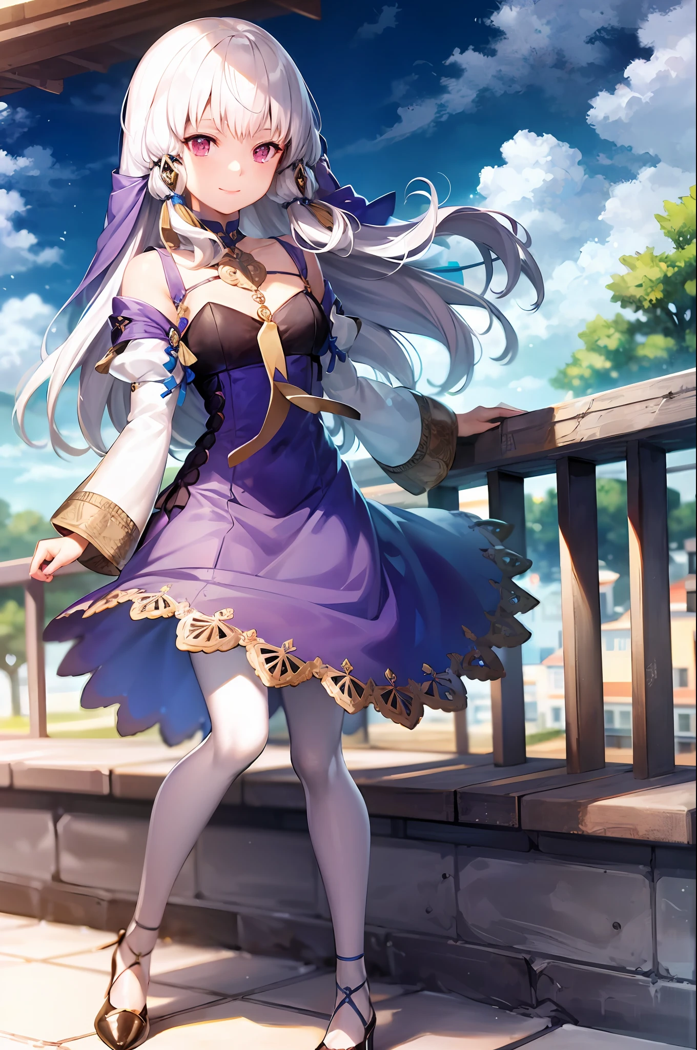 (extremely detailed CG unity 8k wallpaper), (best quality), (ultra-detailed), 1girl, lysitheafe, school, sun, sky,hair ornament, long sleeves, purple dress, white pantyhose, acessories, heels, standing, smiling,