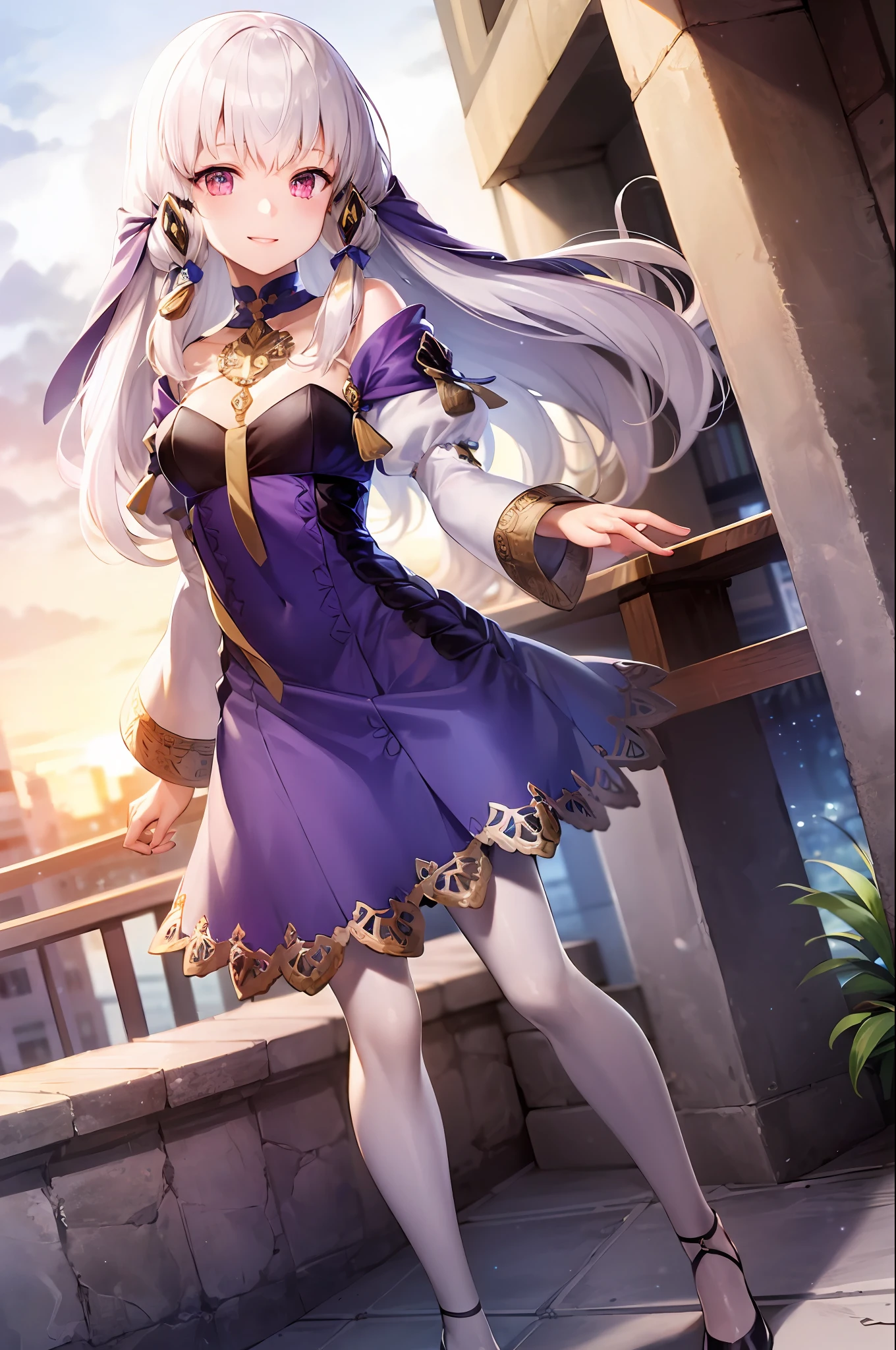 (extremely detailed CG unity 8k wallpaper), (best quality), (ultra-detailed), 1girl, lysitheafe, school, sun, sky,hair ornament, long sleeves, purple dress, white pantyhose, acessories, heels, standing, smiling,