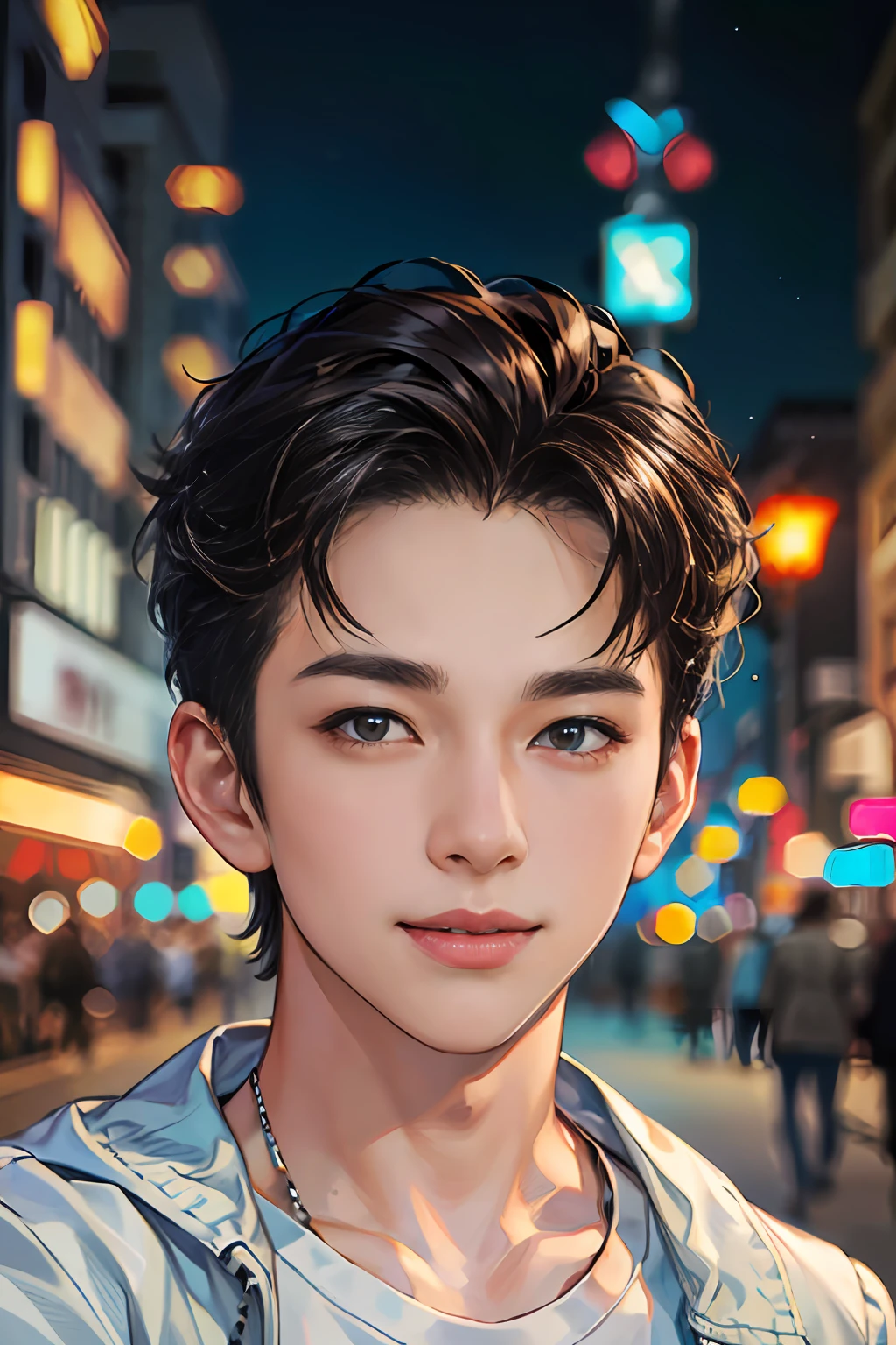 (absurdres, highres, ultra detailed, HDR), masterpiece, best quality, 1boy, handsome, short hair, finely eye and detailed face, (white t-shirt), (jean jacket), dimple, forehead, night street, night city, midnight, selfie shot, light smile