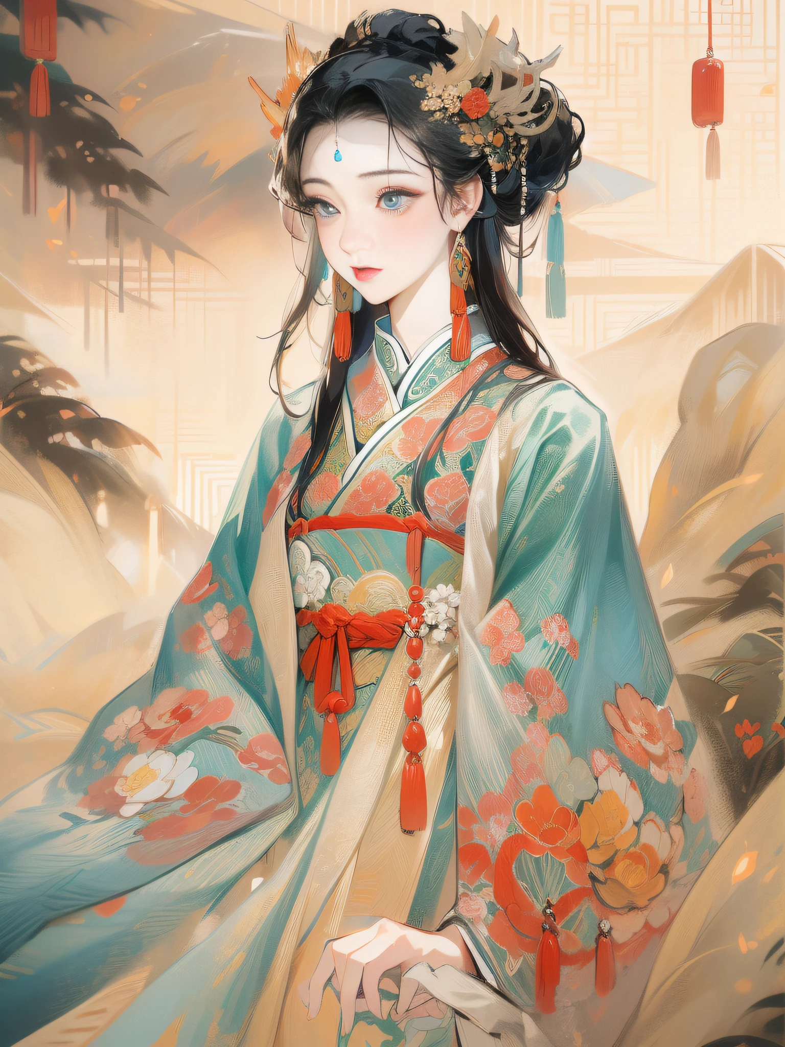 1 woman，wearing Chinese Traditional dress，Wear intricate and sophisticated headdresses，The crown is set with pearls and precious stones，Delicately embroidered silk robe，cabelos preto e longos，Smooth and shiny，Phoenix-style pearl earrings，Wearing a phoenix robe，Wide-sleeved gold robe，Long red silk dress，Noble and gorgeous，Majesty，Look back，Gentle eyes，prette，big breasts beautiful，(((Delicate facial portrayal)))，a color，wide angles，Faraway view，Highest image quality，tmasterpiece，Chinese，brightly，8K，Chinese illustration，Meticulous，Chinese colors，colored ink drawing，Chinese Gongbi Painting，Traditional Chinese painting，Ancient artist Zhang Daqian style