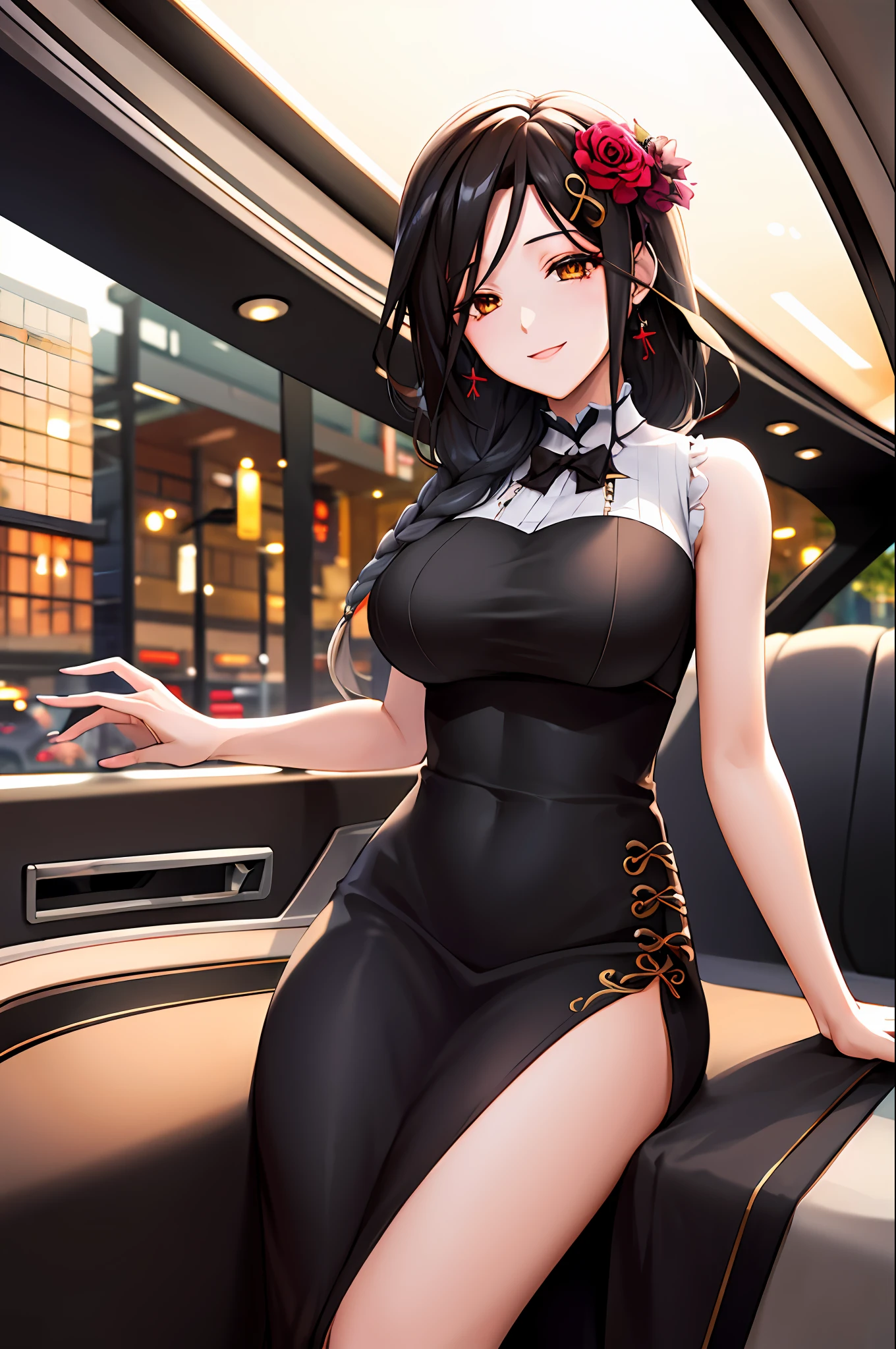 masterpiece, best quality, highres, st1, braid, hair ornament, black dress, hair flower, side slit, large breasts, long dress, sleeveless, cowboy shot, vehicle interior, sitting, smile