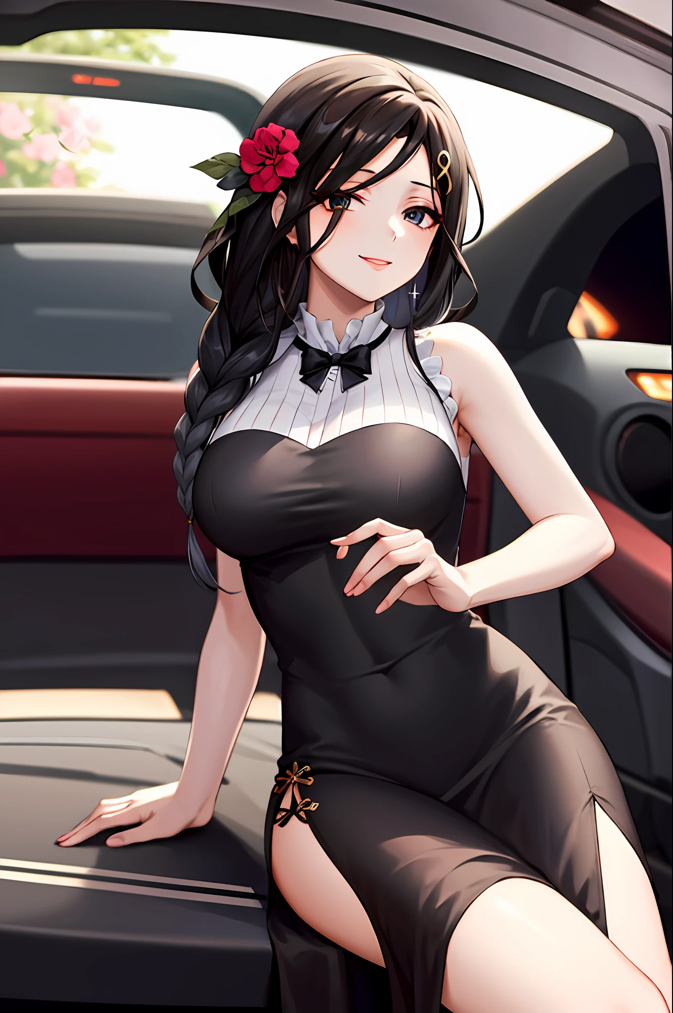 masterpiece, best quality, highres, st1, braid, hair ornament, black dress, hair flower, side slit, large breasts, long dress, sleeveless, cowboy shot, vehicle interior, sitting, smile