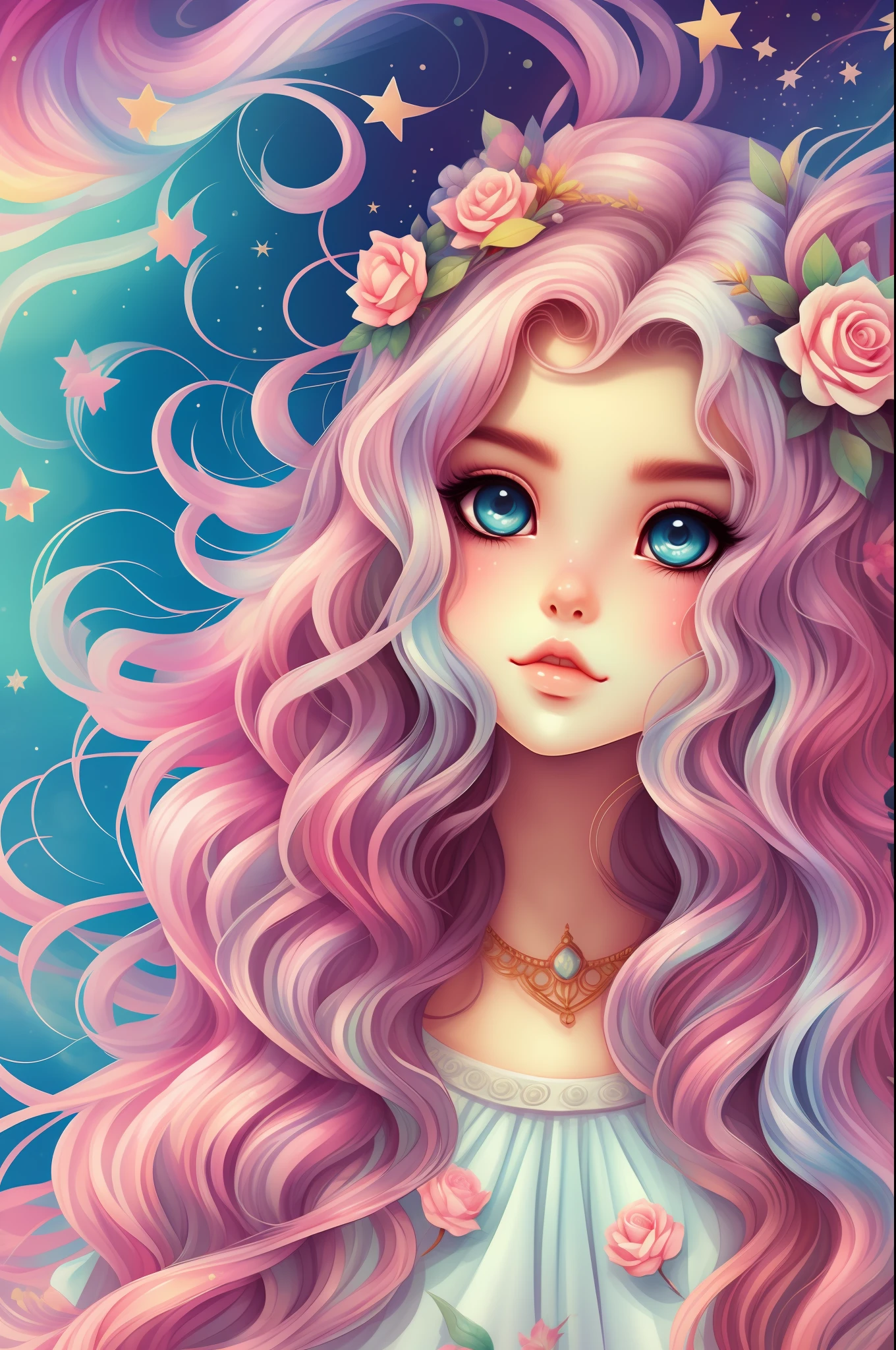 Watercolor beautiful magic beautiful Goddess Mystic, heart flowing, moldura vintage, Com asas de anjo, Penalty shootout, estrelas, Rosas, ......lua, headpe, Fantasy Illustration, rosto perfeito, com rosto bonito e com estrelas, cabelo bonito claro, olhos castanho perfeitos, luz dourada, vivid vibrant colors, detalhe intrincado, hiper detalhado, hiper qualidade, 32k, Motor irreal, isolado no fundo branco, kawaii, Clipart, Arte de Fantasia