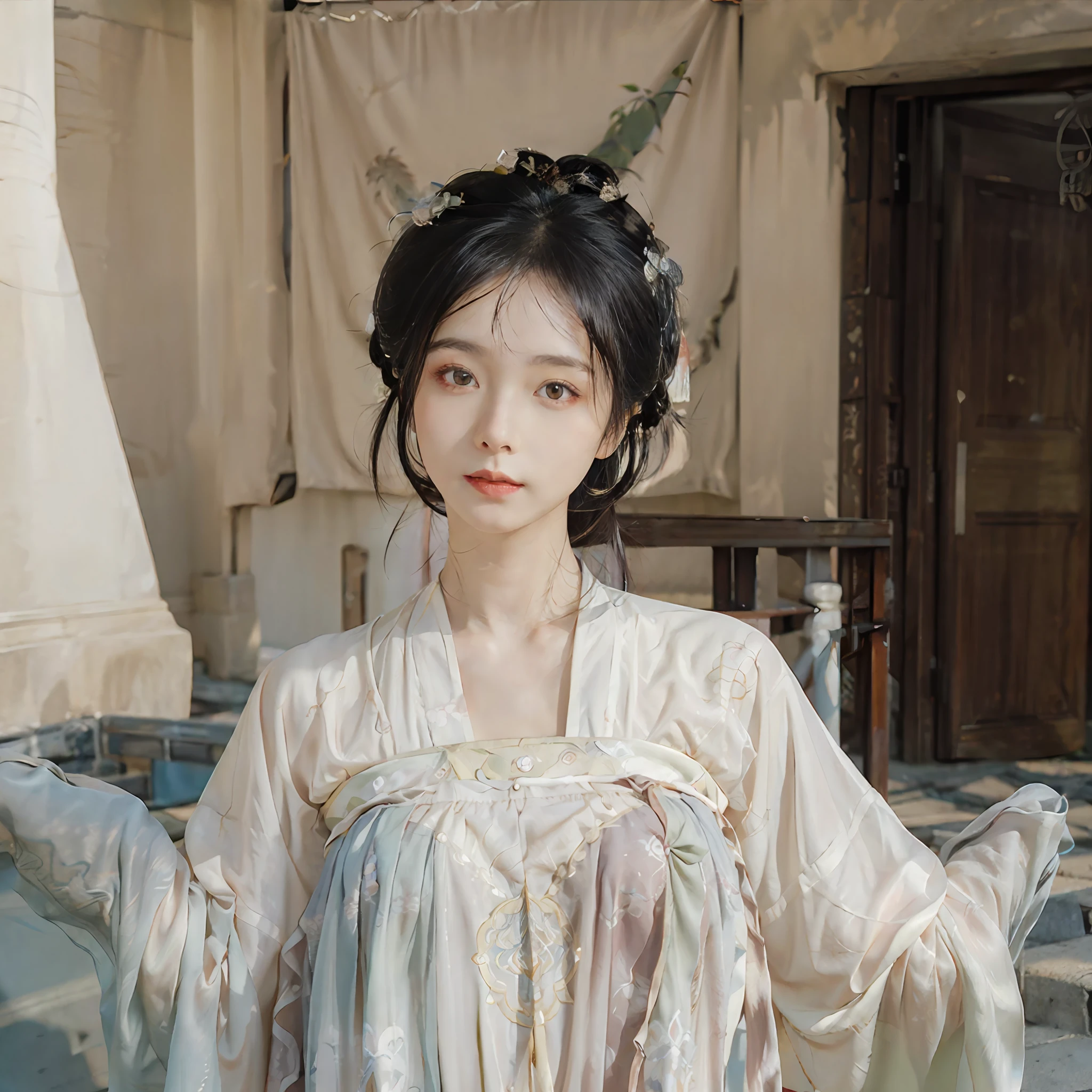 RAW photo, detailed face, ++, f22, beautiful symmetrical face, cute natural makeup, elegant, feminine, highly detailed, intricate, sharp focus, centered image composition, professionally color graded, +, hdr 4k, full body, Hanfu, Chinese style, 8k