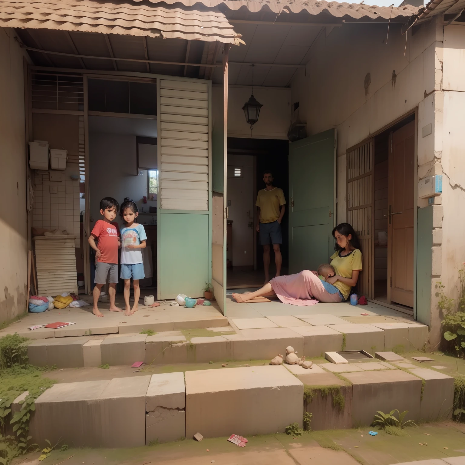pai e filho e filha triste dentro de casa, casa suja , casa pequena
