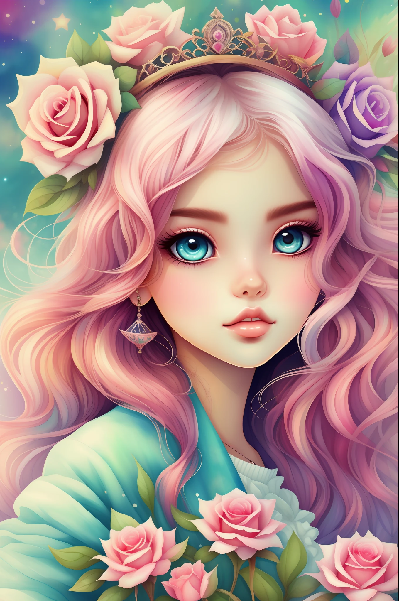 Watercolor beautiful magic beautiful Goddess Mystic, heart flowing, moldura vintage, Com asas de anjo, Penalty shootout, estrelas, Rosas, ......lua, headpe, Fantasy Illustration, rosto perfeito, com rosto bonito e com estrelas, cabelo bonito claro, olhos castanho perfeitos, luz dourada, vivid vibrant colors, detalhe intrincado, hiper detalhado, hiper qualidade, 32k, Motor irreal, isolado no fundo branco, kawaii, Clipart, Arte de Fantasia