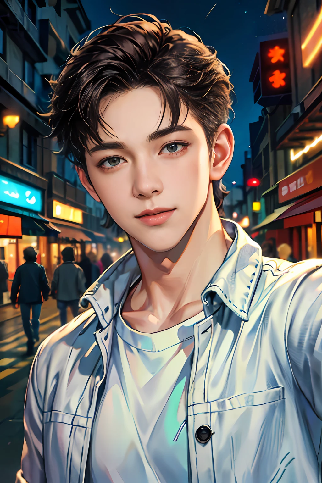 (absurdres, highres, ultra detailed, HDR), masterpiece, best quality, 1boy, handsome, short hair, finely eye and detailed face, (white t-shirt), (jean jacket), dimple, forehead, night street, night city, midnight, selfie shot, light smile