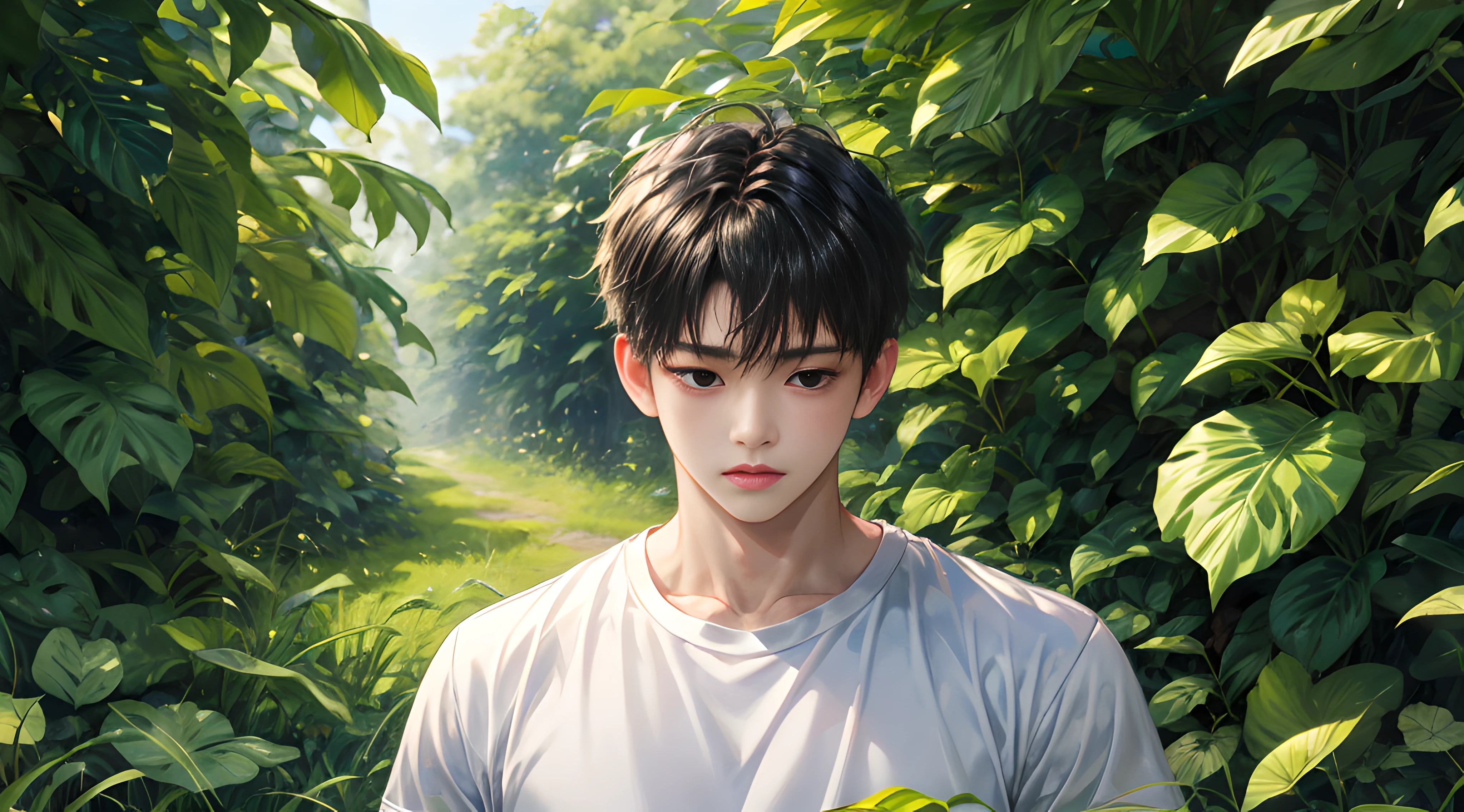 Masterpiece, 1 boy, Robust,white short sleeve， Shy, face round, Black eyes，largeeyes，Stand among the green leaves