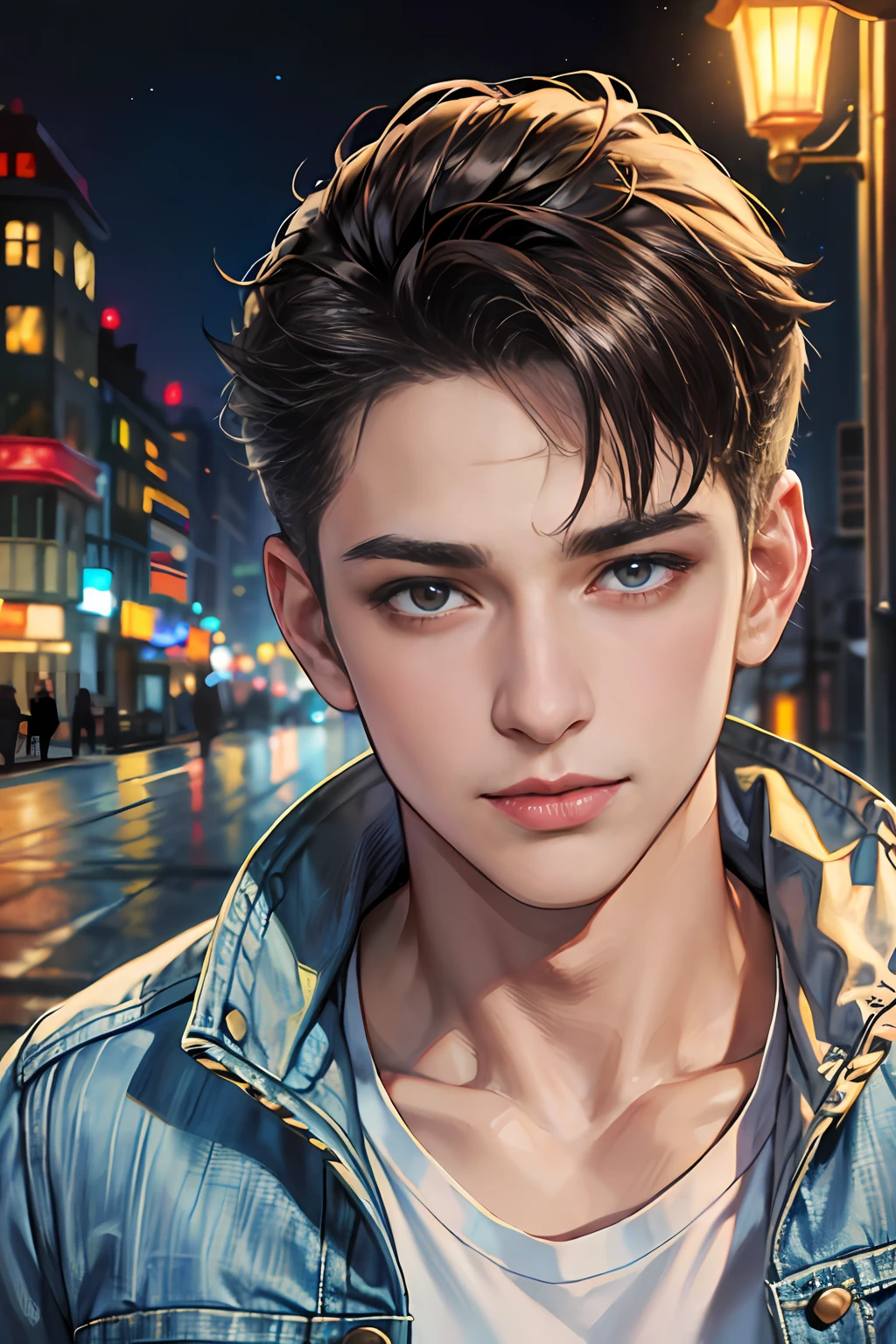 (absurdres, highres, ultra detailed, HDR), masterpiece, best quality, 1boy, handsome, short hair, finely eye and detailed face, (white t-shirt), (jean jacket), dimple, forehead, night street, night city, midnight, selfie shot, light smile