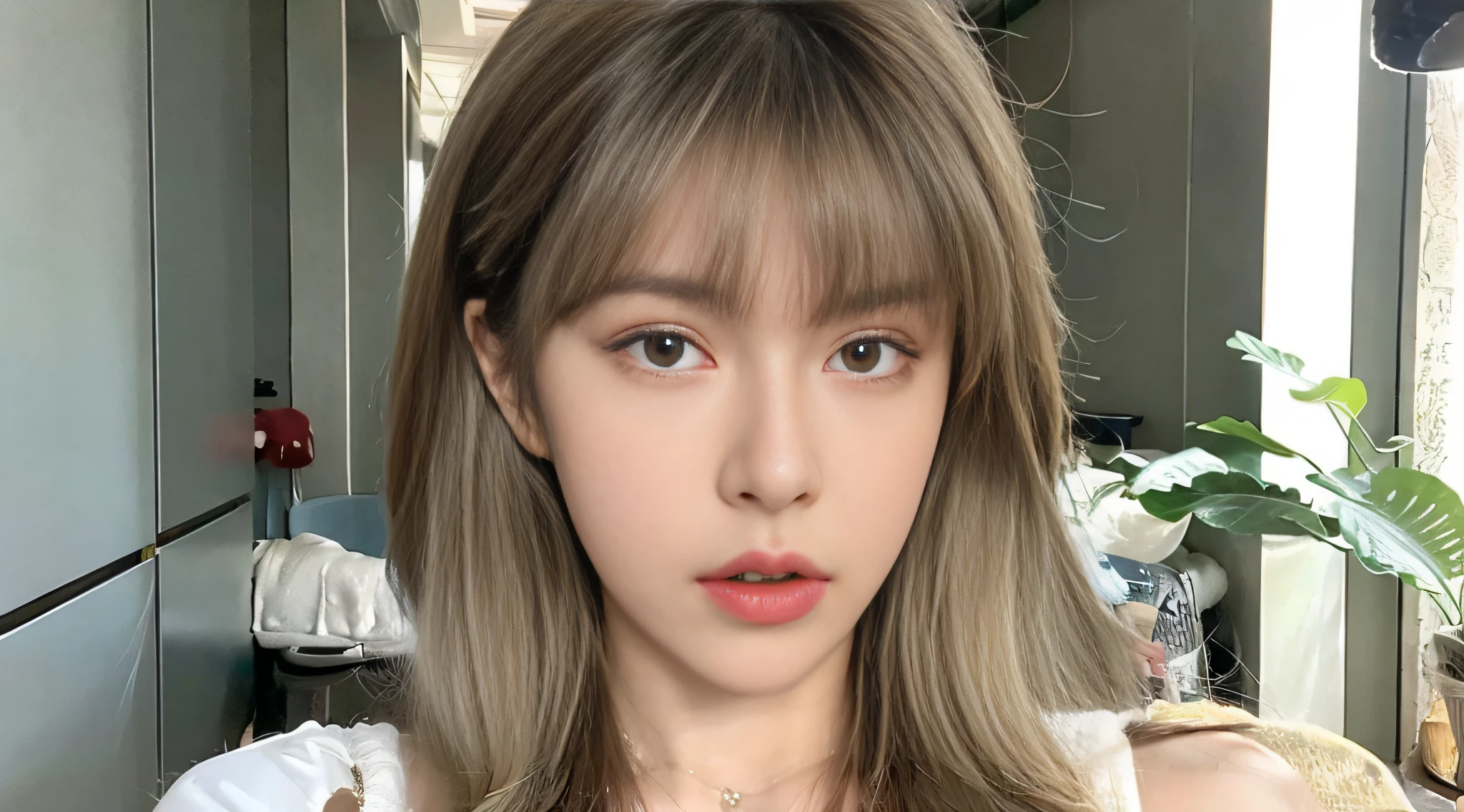 there is a woman with a necklace and a necklace on her neck, with fluffy bangs, tidy hair,By bangs, popular korean makeup, ulzzangs,