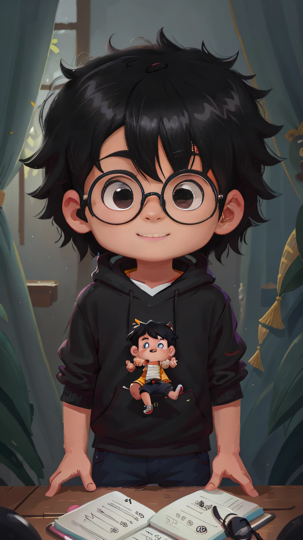 A young boy with，black color hair，With black frames, no lenses，ssmile，Facing the camera，8k，sufficient light