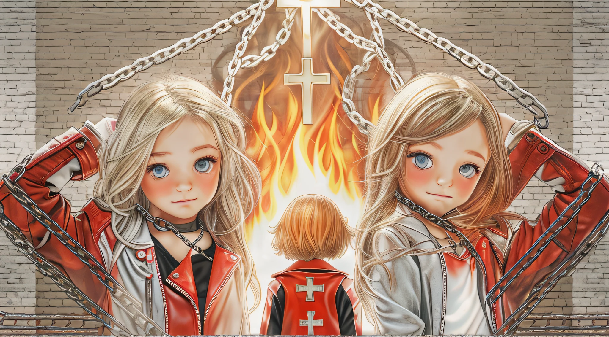 A half body, portrait of 3 girls German ren long platinum blonde hair of 12 yed leather jackets, holding in their hands a cross, background of chains, chain, more chains, many chains, , red, red fire, many background flames.