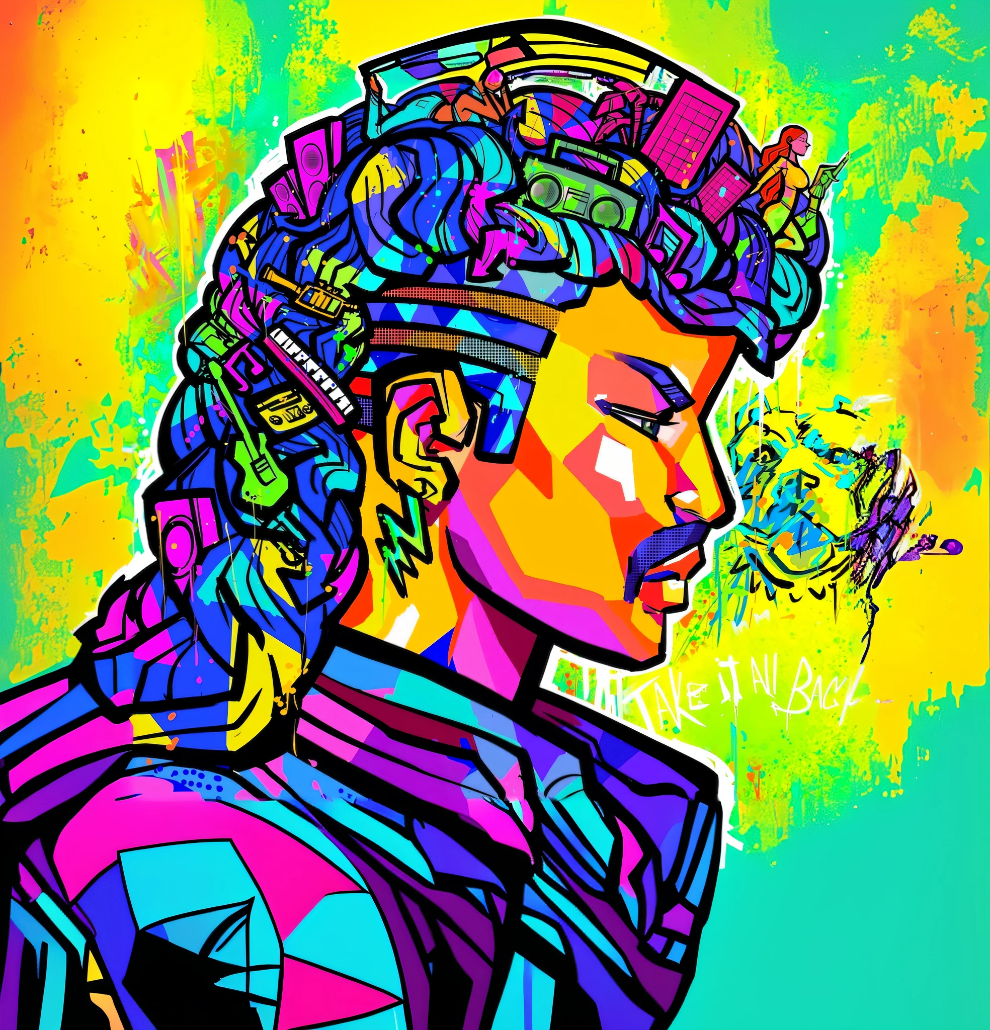 a painting of a woman with a colorful hairstyle and a bird, vibrant fan art, in illustration style digital, obra-prima estilo vaporwave, full-colour illustration, masterpiece epic retrowave art, futurismo afro, psychedelic hip-hop, obra-prima obra de arte, psychedelic hip hop, full-colour illustration, 8 0's airbrush aesthetic, Arte Funk, ✏️🎨