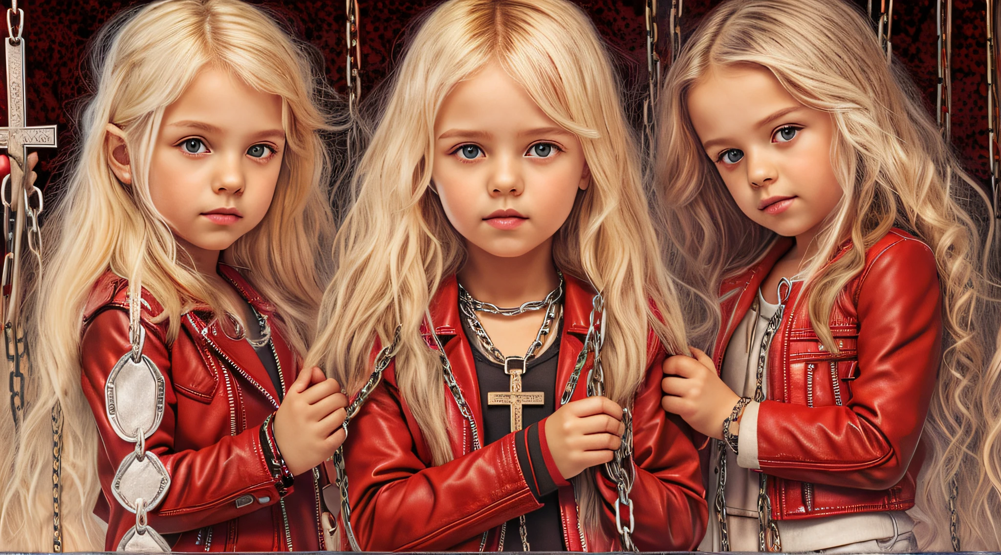 A half body, portrait of 3 girls German children long platinum blonde hair of 12 years, red leather jackets, holding in their hands a cross, background of chains, chain, more chains, many chains, , red, red fire, many background flames.