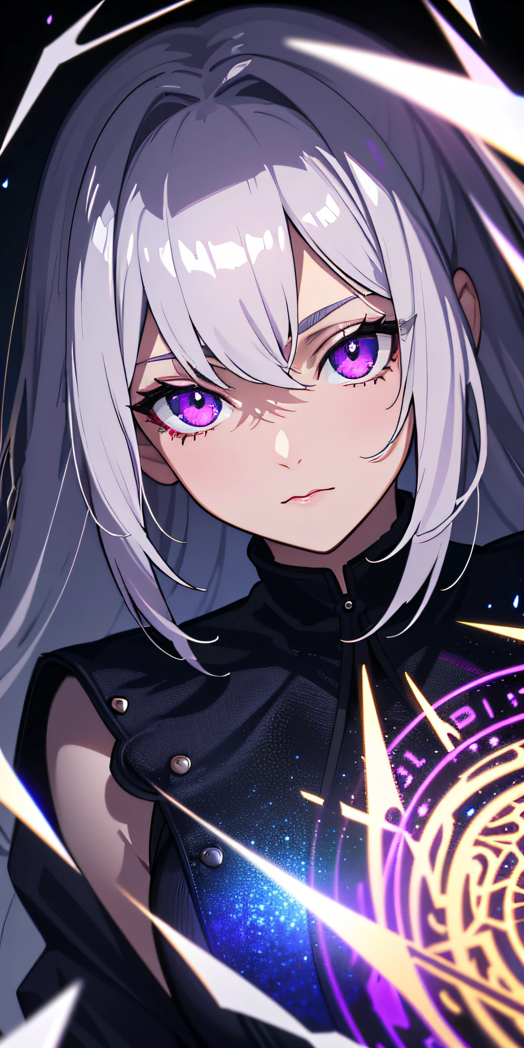 (masterpiece, best quality, ultra-detailed, best shadow), (detailed background,dark fantasy), (beautiful detailed face), high contrast, (best illumination, an extremely delicate and beautiful), ((cinematic light)), colorful, hyper detail, dramatic light, intricate details, (1girl, solo,white hair, sharp face,purple eyes, hair between eyes,dynamic angle), blood splatter, swirling black light around the character, depth of field,black light particles,(broken glass),magic circle,
