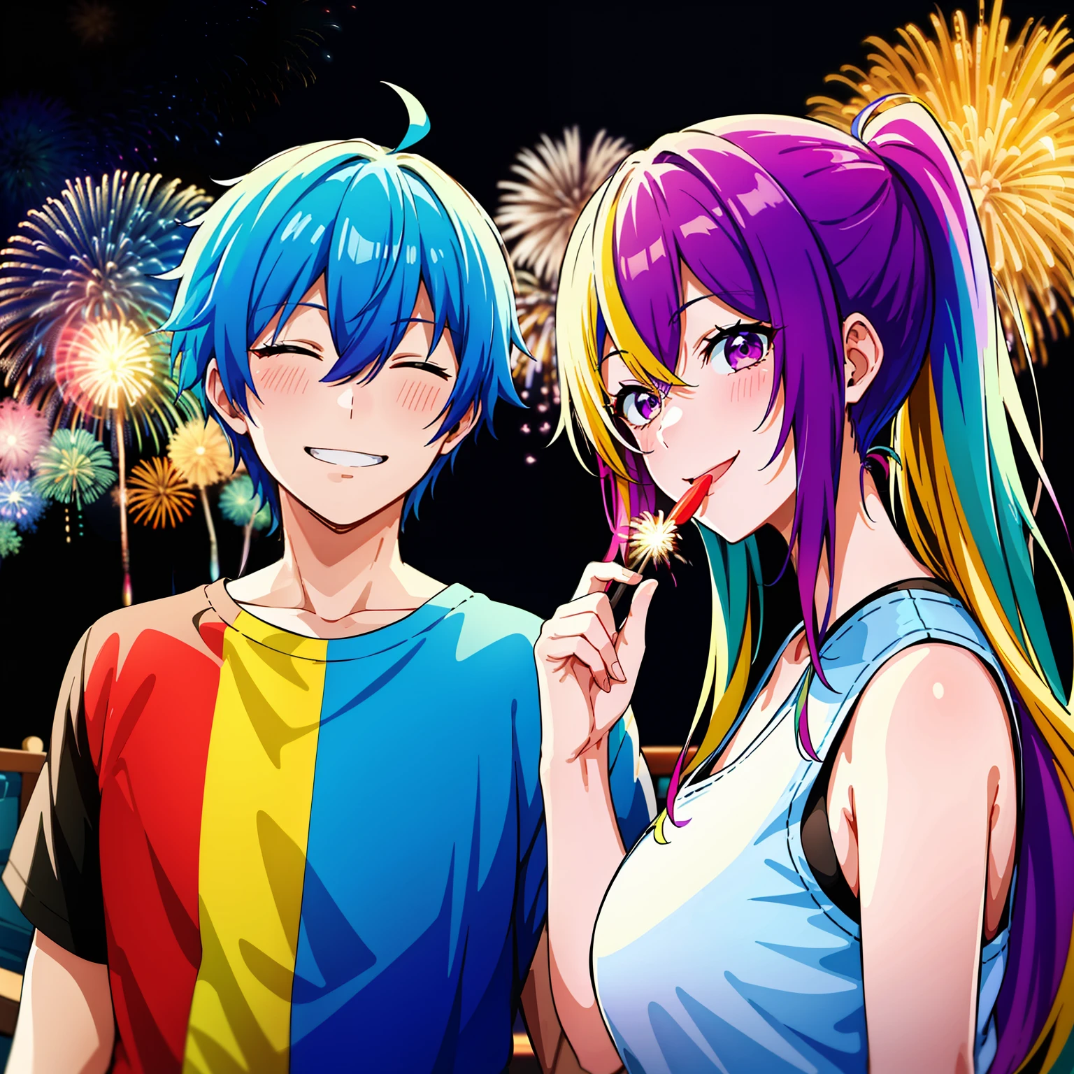 超A high resolution, nffsw, Best aesthetic, Best Quality, masutepiece, a couple,1人の女性, 1 male, The best smile, Smile and close your eyes, Very big mouth smile, rainbow hair, Embarrassing, multicolored hair, rainbow eyes, Stalls and fireworks background