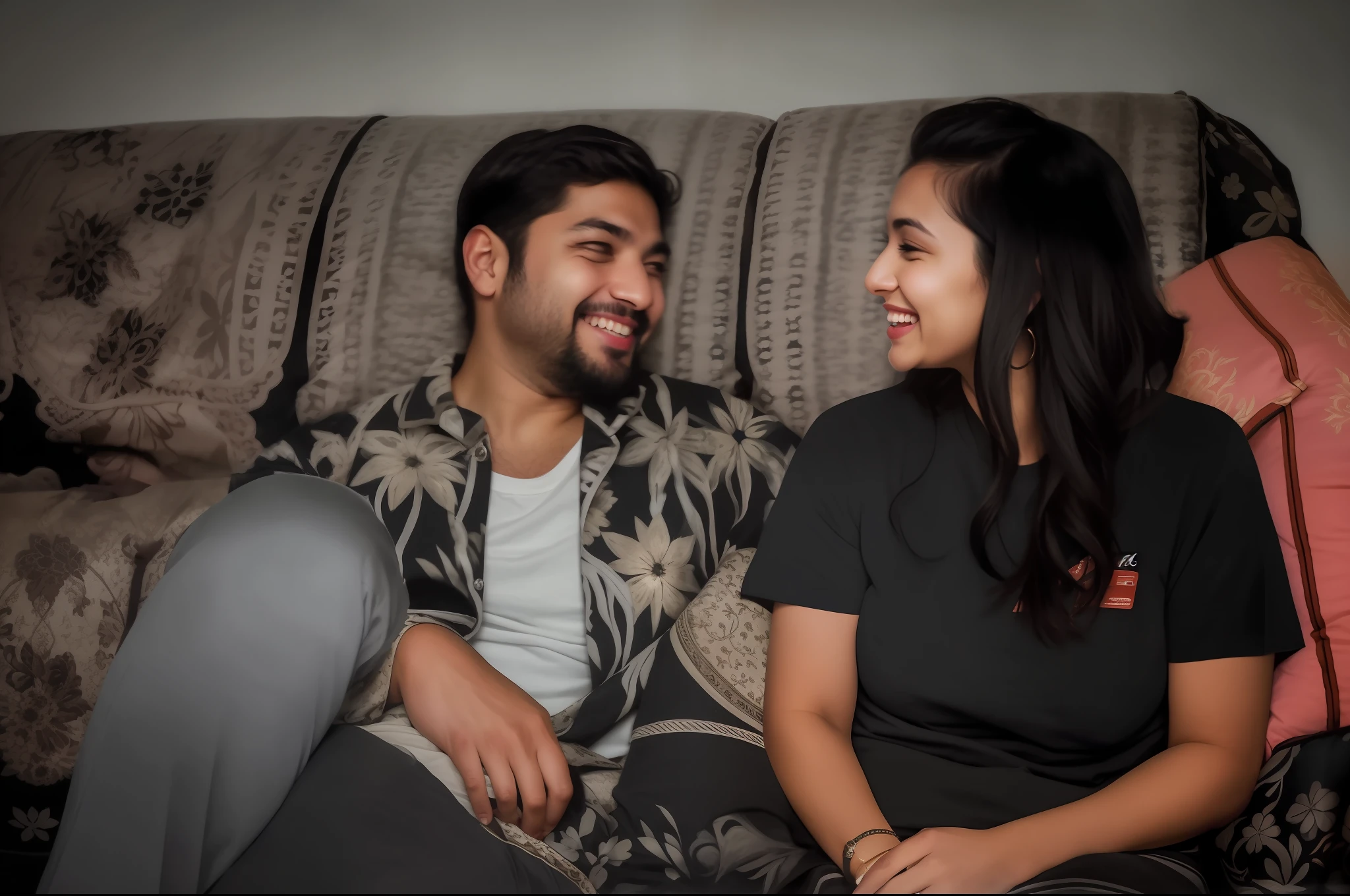 there are two people sitting on a couch talking to each other, ghutra and egal, candid picture, smiling at each other, both laughing, shot on sony a 7, mutahar laughing, candid photography, shot on sony a 7 iii, looking at each other mindlessly, captured on canon eos r 6, intense flirting, flirting