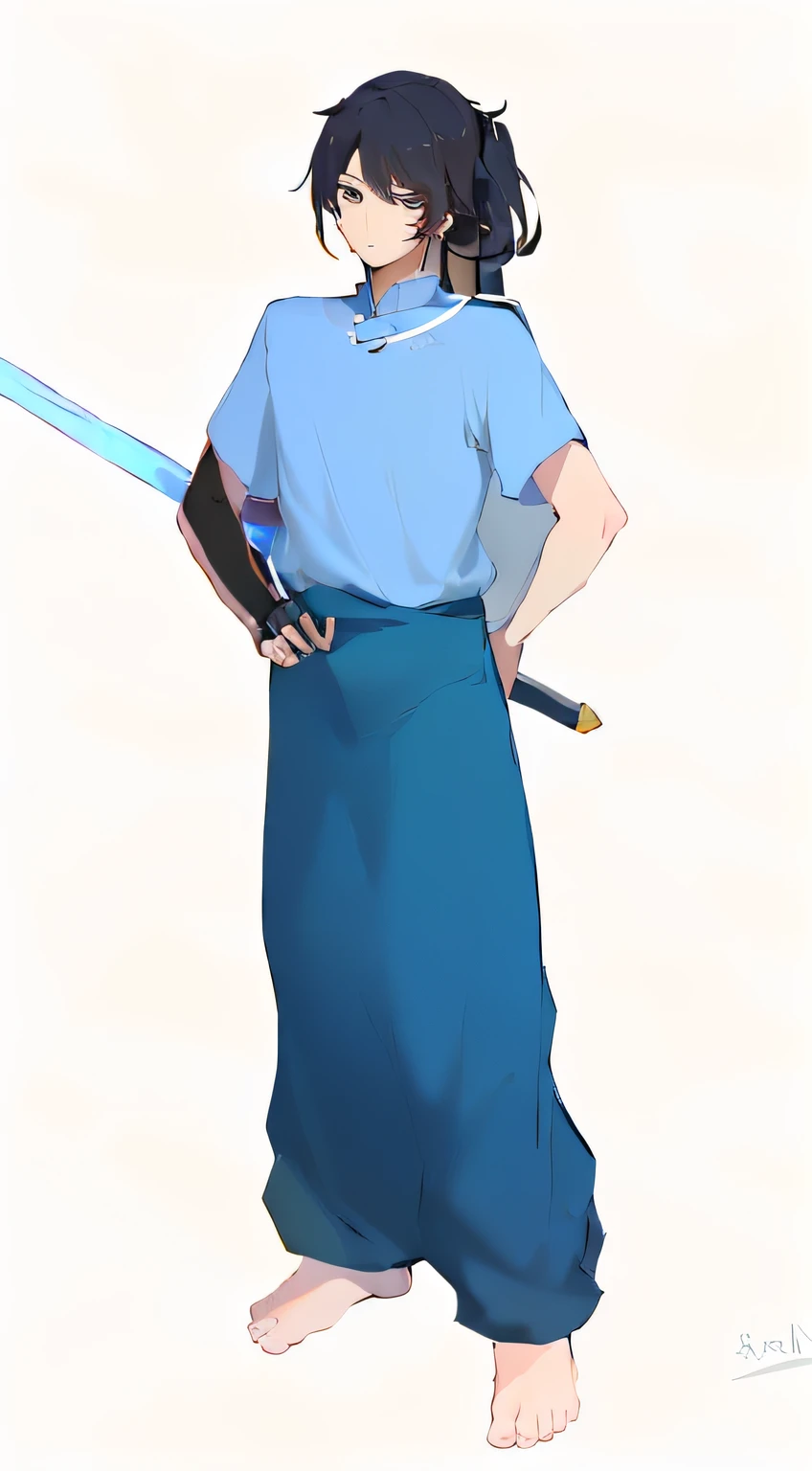 The image of Alphard sitting on the bed and a man dressed in blue, zhao yun, Inspired by Cao Zhibai, Inspired by Huang Shen, inspired by Li Gonglin, full-body wuxia, Inspired by Hu Zaobin, inspired by Fan Kuan, inspired by Zhao Mengfu, inspired by Yang Jin, Inspired by Zhao Yuan