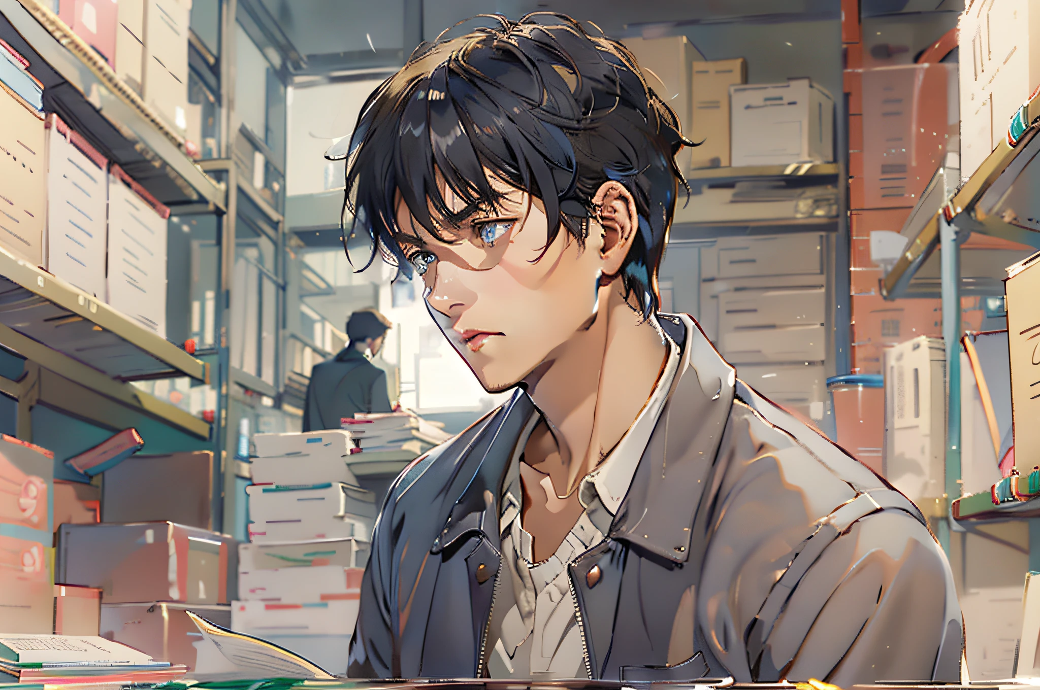 /imagine prompt: A young and talented man, with a determined and contemplative look, focused on studying the details of the case. He carefully observes the crime scene, exuding a sense of calm and composure, by Makoto Shinkai --niji 5