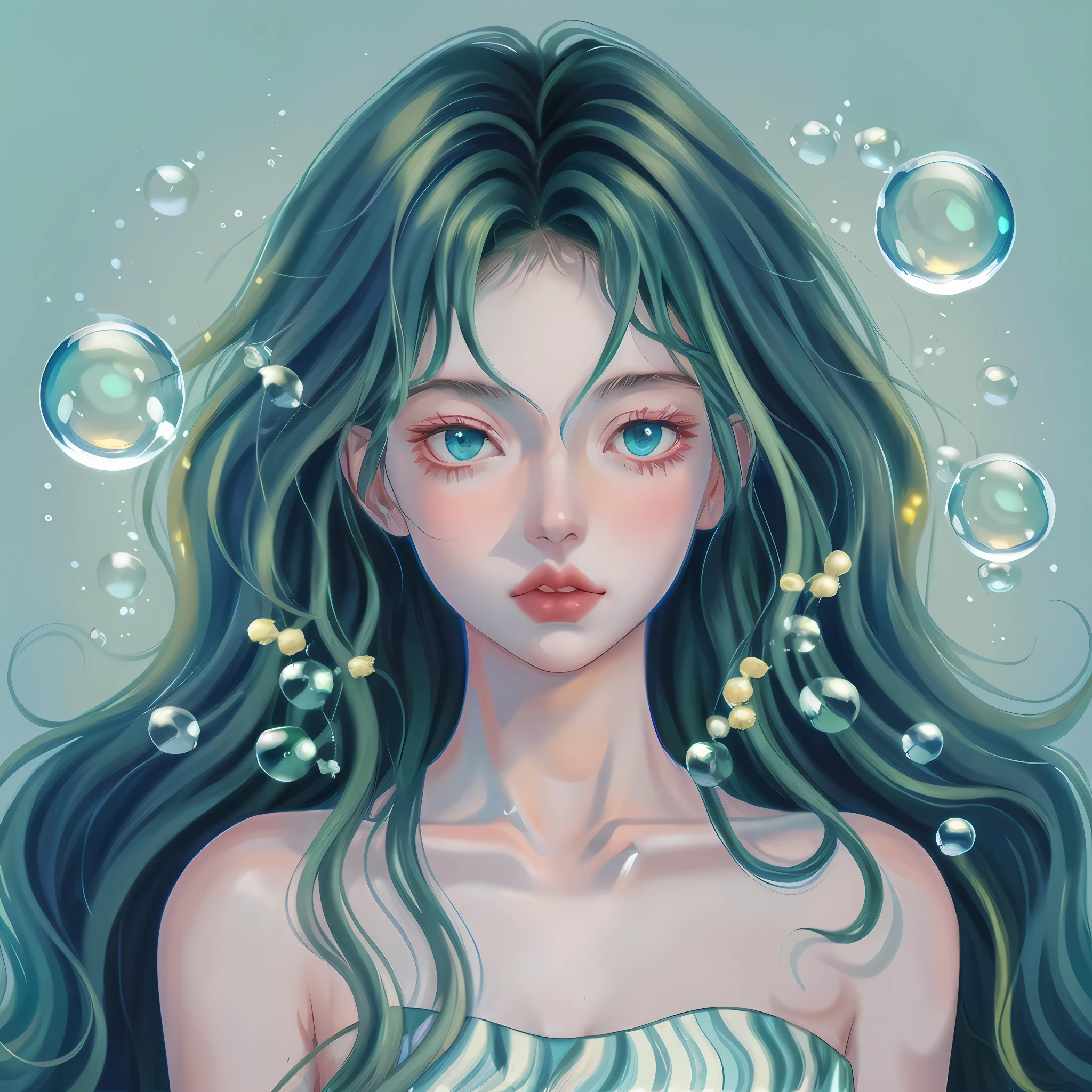 Anime girl with long green hair and blue eyes in a dress, in the art style of bowater, Digital anime illustration, loish art style, inspired by loish, inspired by Yanjun Cheng, loish |, trending on artstration, Anime style illustration, Anime style portrait, Beautiful digital illustration, detailed portrait of an anime girl