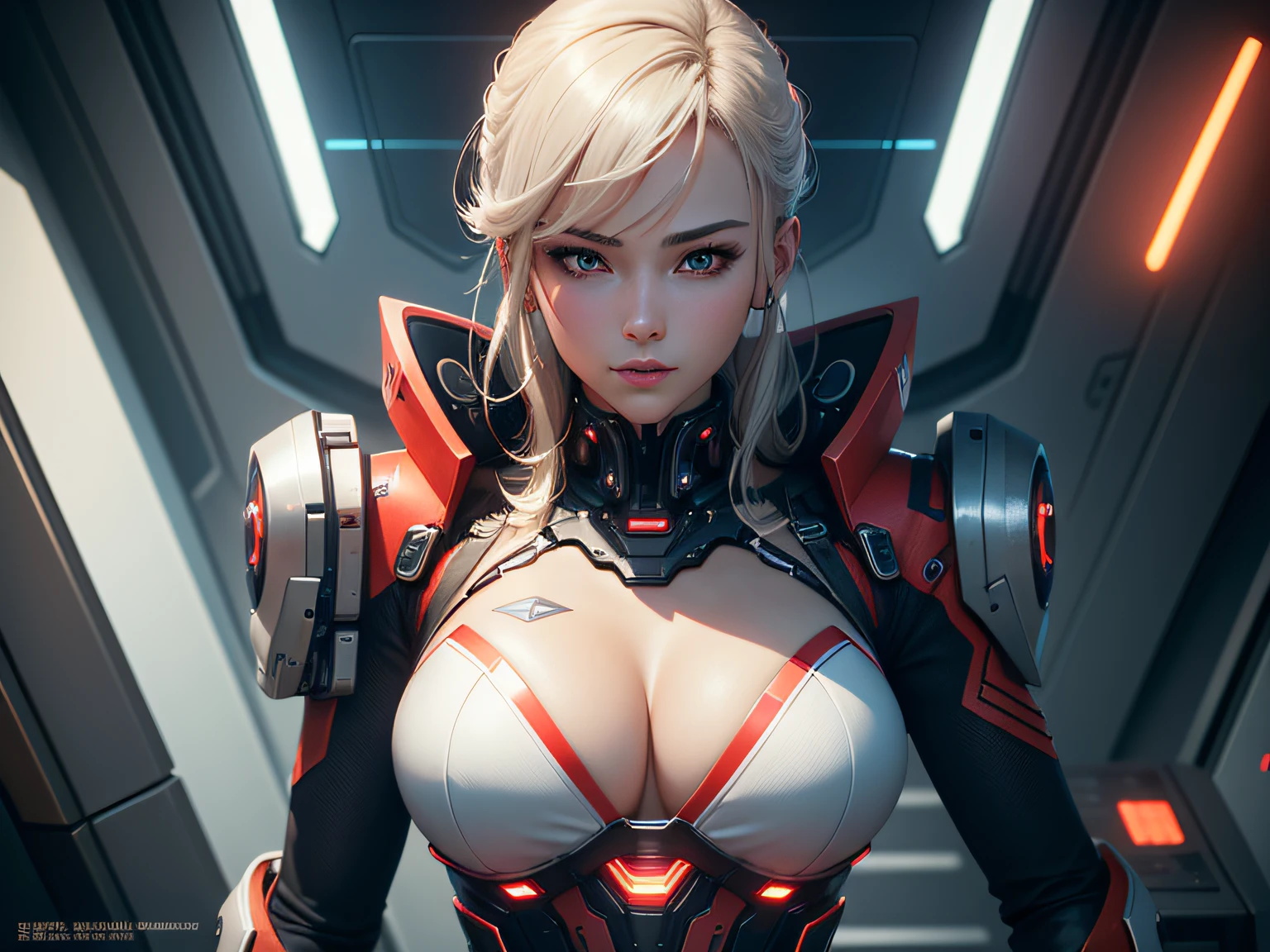 Highest image quality，Outstanding details，超高分辨率，（Fidelity：1.4），The best illustration，Favor the details，closeup cleavage，A mech girl，He has a delicate and beautiful face，（（Red and white semi-mechanical body：1.8）），Raised sexy，cleavage，onbed，frontage，cyber punk perssonage，Futuristic，mechanically aesthetic，Complex machinery，The background is a high-tech lighting scene in the future city，Virtual Engine 5，Perfect detail rendering，rendering by octane，hyper HD