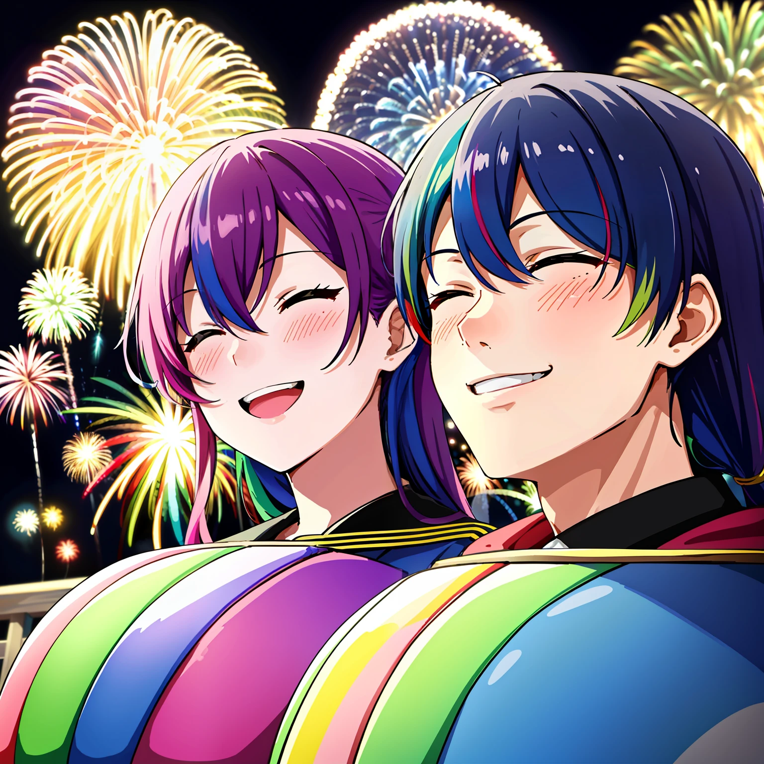 超A high resolution, nffsw, Best aesthetic, Best Quality, masutepiece, a couple,1人の女性, 1 male, The best smile, Smile and close your eyes, Very big mouth smile, rainbow hair, Embarrassing, multicolored hair, rainbow eyes, Stalls and fireworks background