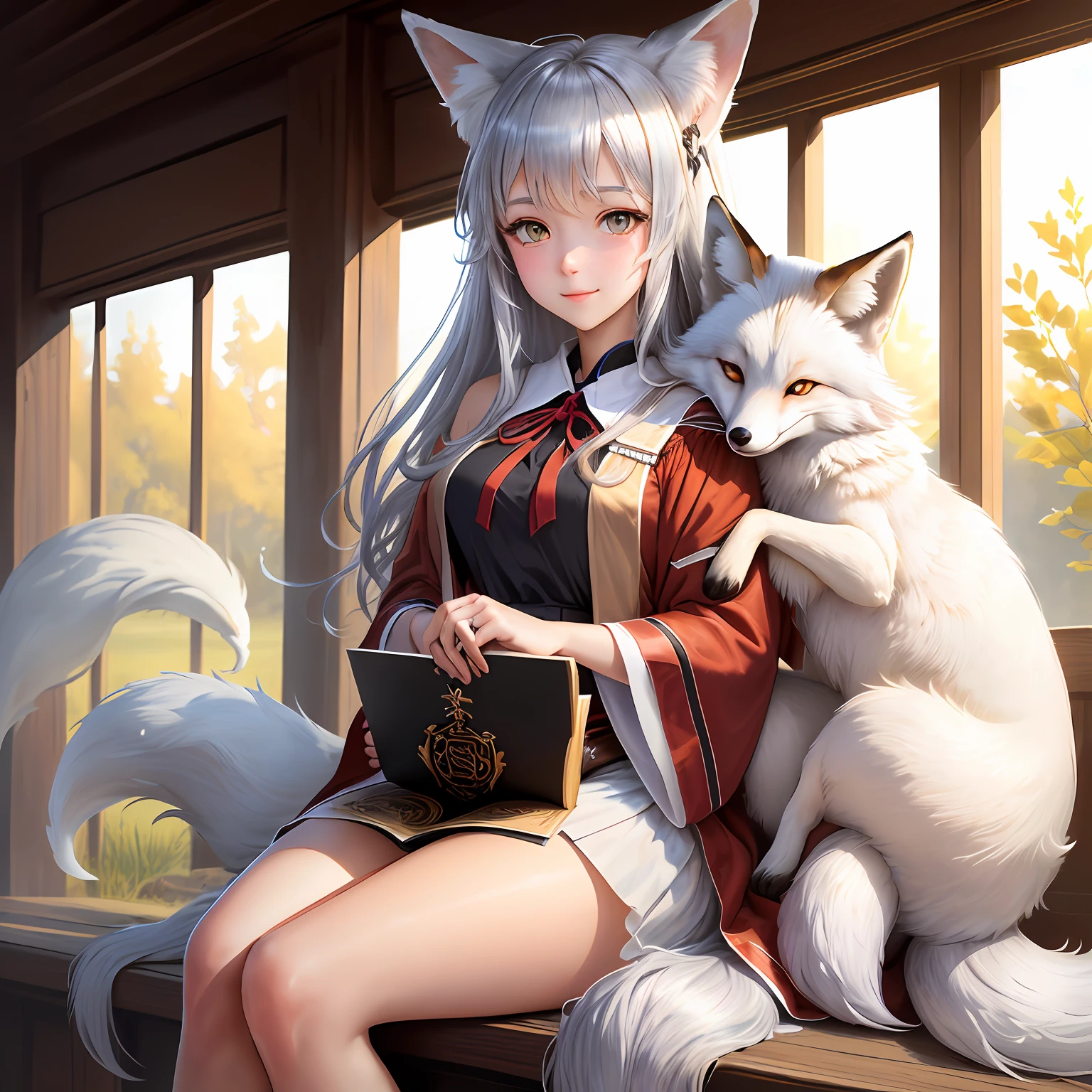 The silver-white popping fox girl sat on the shoulders of a scholarly scholar