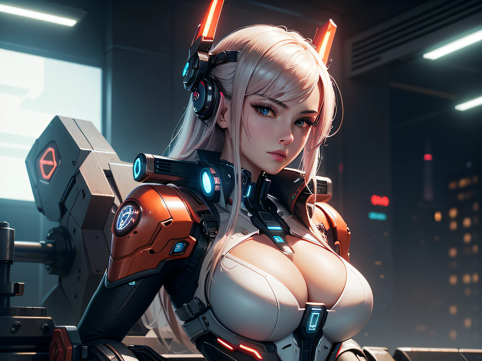 Highest image quality，Outstanding details，超高分辨率，（Fidelity：1.4），The best illustration，Favor the details，closeup cleavage，A mech girl，He has a delicate and beautiful face，（（Red and white semi-mechanical body：1.8）），Raised sexy，cleavage，onbed，frontage，cyber punk perssonage，Futuristic，mechanically aesthetic，Complex machinery，The background is a high-tech lighting scene in the future city，Virtual Engine 5，Perfect detail rendering，rendering by octane，hyper HD