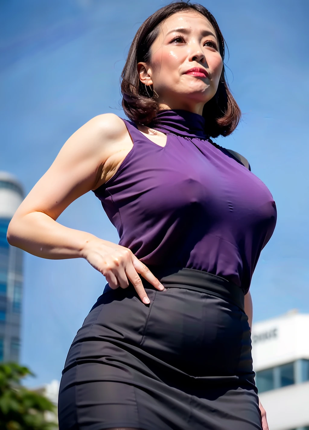 30 years old woman, best quality, masterpiece, ultra high res, (photorealistic:1.4), RAW photo, ((working adult 1woman:1.3)), glamor, (huge breast), ((bottom view, sky), thigh focus), makeup, (sweaty skin), (highly detailed adult face, drooping eyes), (round neck sleeveless shirts, (maxi pencil skirt)), (outdoor in business district at morning with under the scorching sun), (blur the background)