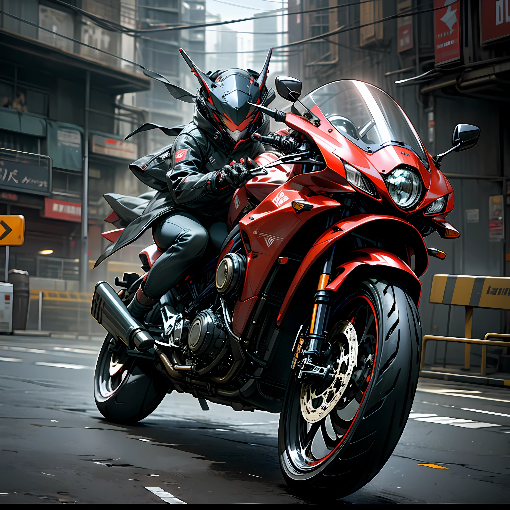 Cyberpunk style motorcycle，Realistic domineering black and red，the street， --auto