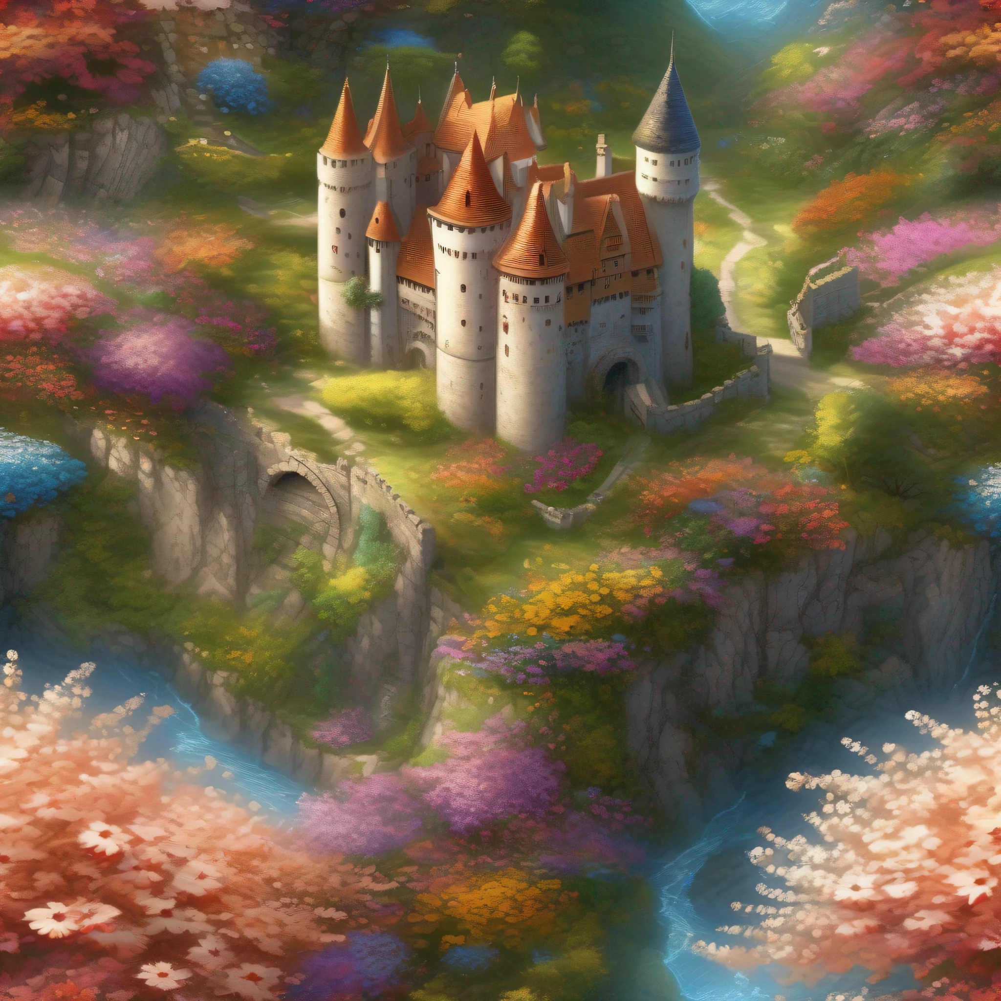 down view，The castle is in a flower field，The picture is of high quality，Art Ultra HD 8K, Detailed scenery —width 672, author：Franz Hergi, scenery art detailed, 8K high quality detailed art, 8K highly detailed digital art, A high resolution, 8K Matte Thomas Kinkade