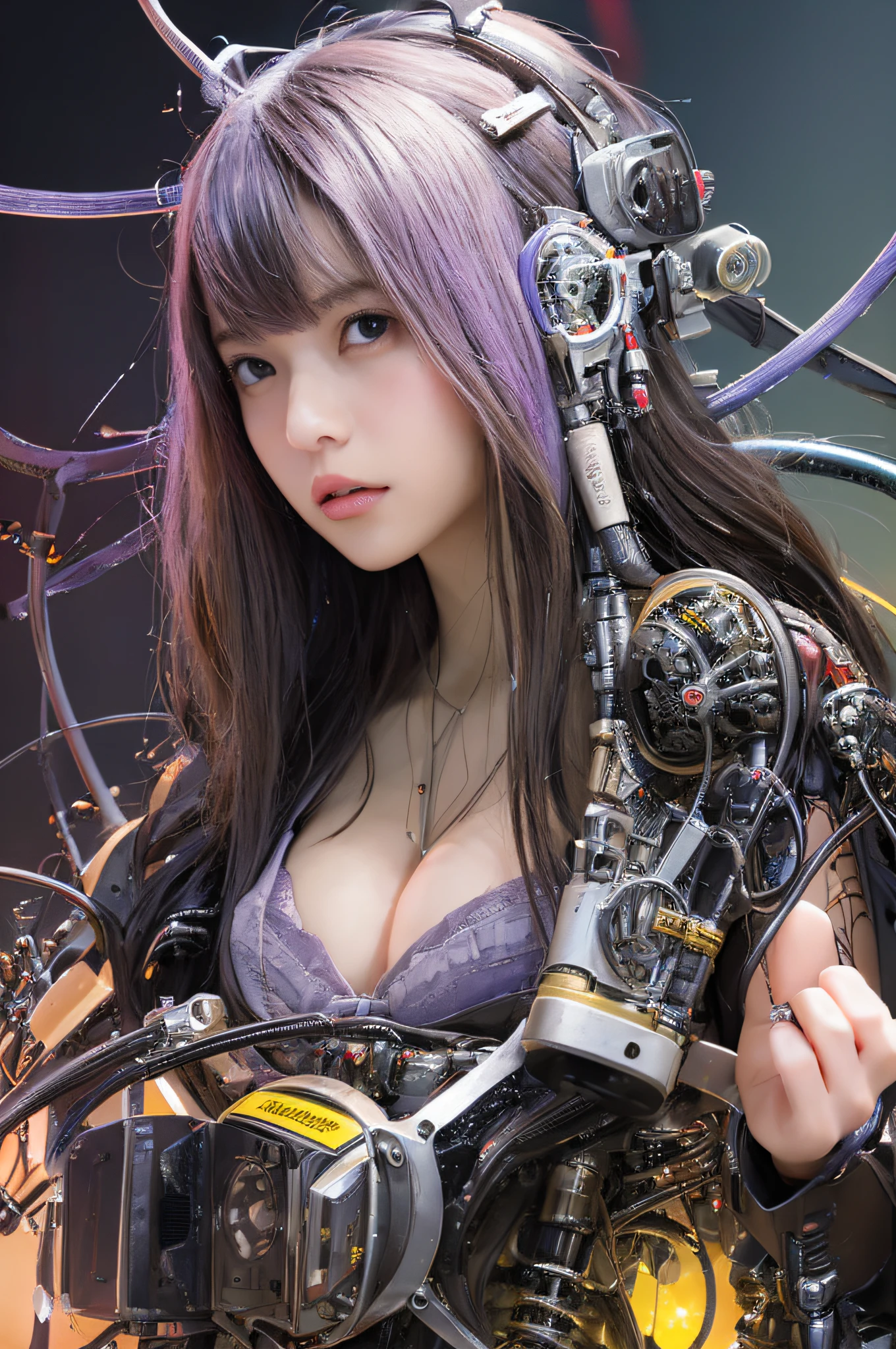 (A symbol of peace:1.5),Blush,Bare chest,undergarments,Top quality, Masterpiece, 超高分辨率, (Photorealistic: 1.4), RAW photo, 1 girl, Black hair, Glossy glossy skin, 1 mechanical girl, (hyper realistic detailed)), Portrait, Global illumination, Shadows, Octane rendering, 8K, ultrasharp, Big, Cleavage Exposed Raw Skin, metal, Detail of Intricate Ornaments, Steampunk details, vacuum tubes, nixie tubes, oil pressure gauges, glass tubes, analog meters, gear wheel, Hydraulic cylinder, very complex details, Realistic light, CGSoation trends, Purple eyes, Glowing eyes, Facing the camera, neon light detail, Mechanical limbs, blood vessels attached to the tube, Mechanical vertebrae attached to the back, mechanical cervical attachment to the neck, Sitting, wires and cables connecting to head, gundam, Small LED lamps,Glow tubes,Digital glow tube