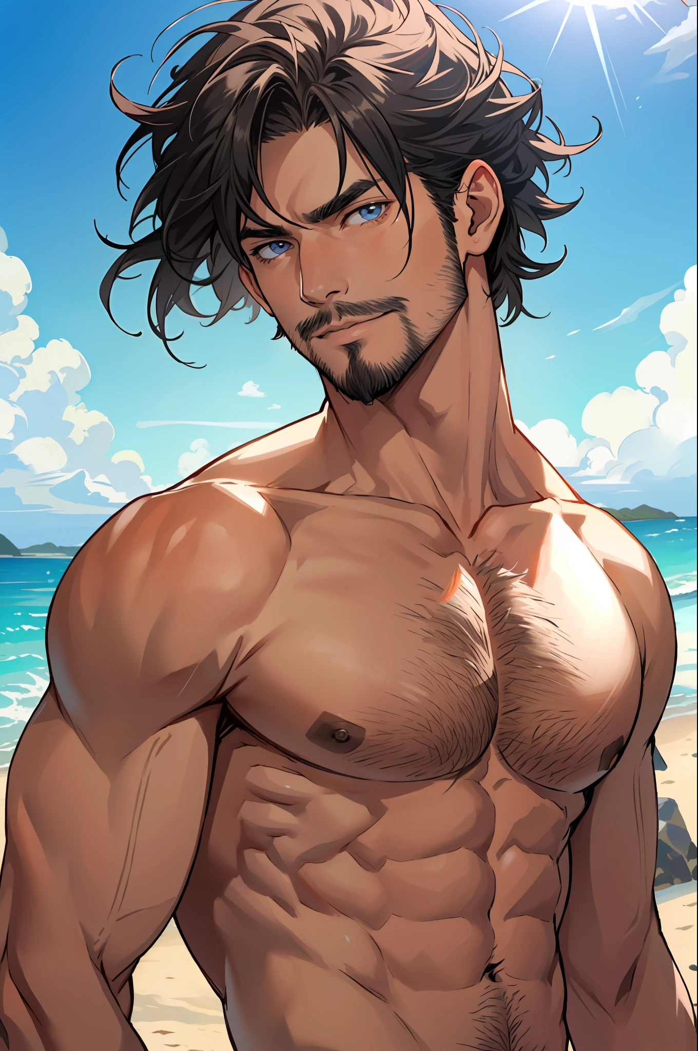 young man,handsome,muscular, hairy body,detailed eyes,upper body, at the beach,sunlight, mature,facial hair, looking at viewer,